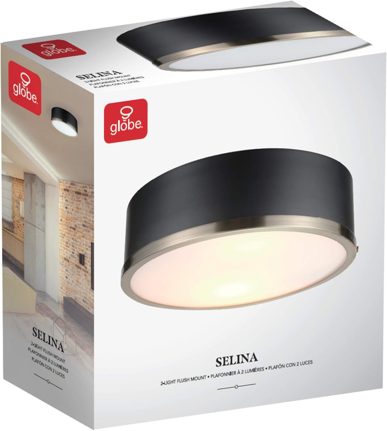 image:imageGlobe Electric 60309 2Light Flush Mount Ceiling Light Matte Black Antique Brass Accents Frosted Glass Shade Bedroom Lighting Fixtures Ceiling Dining Room Fixture Lighting for HallwaySelina