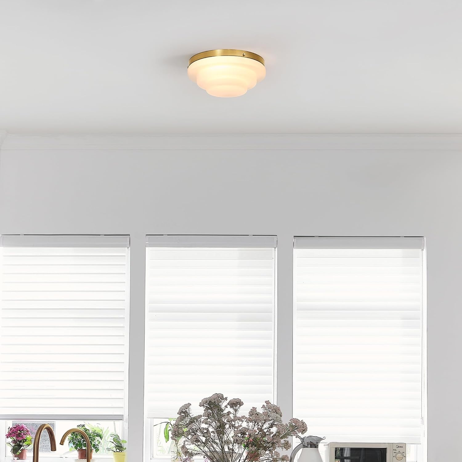image:imageGlobe Electric 60309 2Light Flush Mount Ceiling Light Matte Black Antique Brass Accents Frosted Glass Shade Bedroom Lighting Fixtures Ceiling Dining Room Fixture Lighting for HallwayDevo