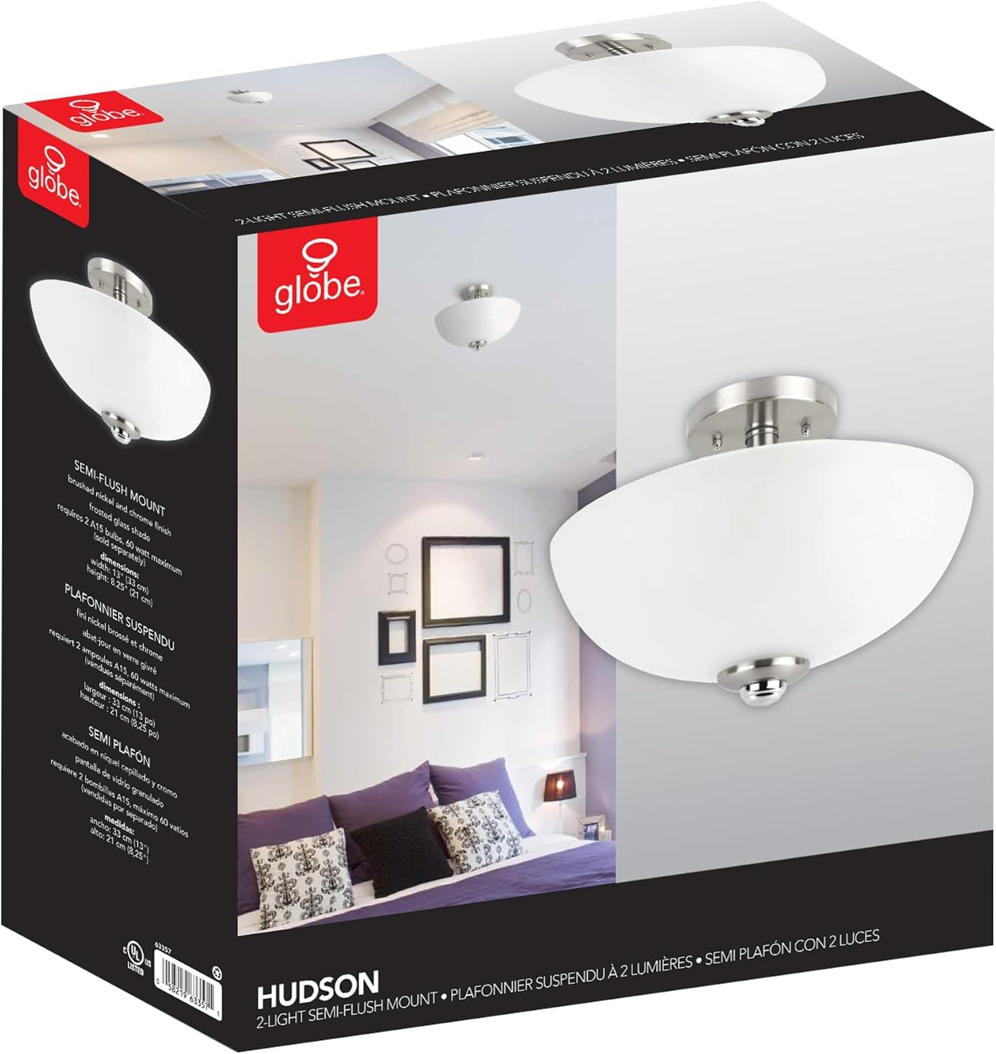 image:imageGlobe Electric 60315 2Light Flush Mount Ceiling Light Dark Bronze Finish White Linen Shade Low Profile Drum Design E26 Base DimmableBushed Nickel Glass Shade