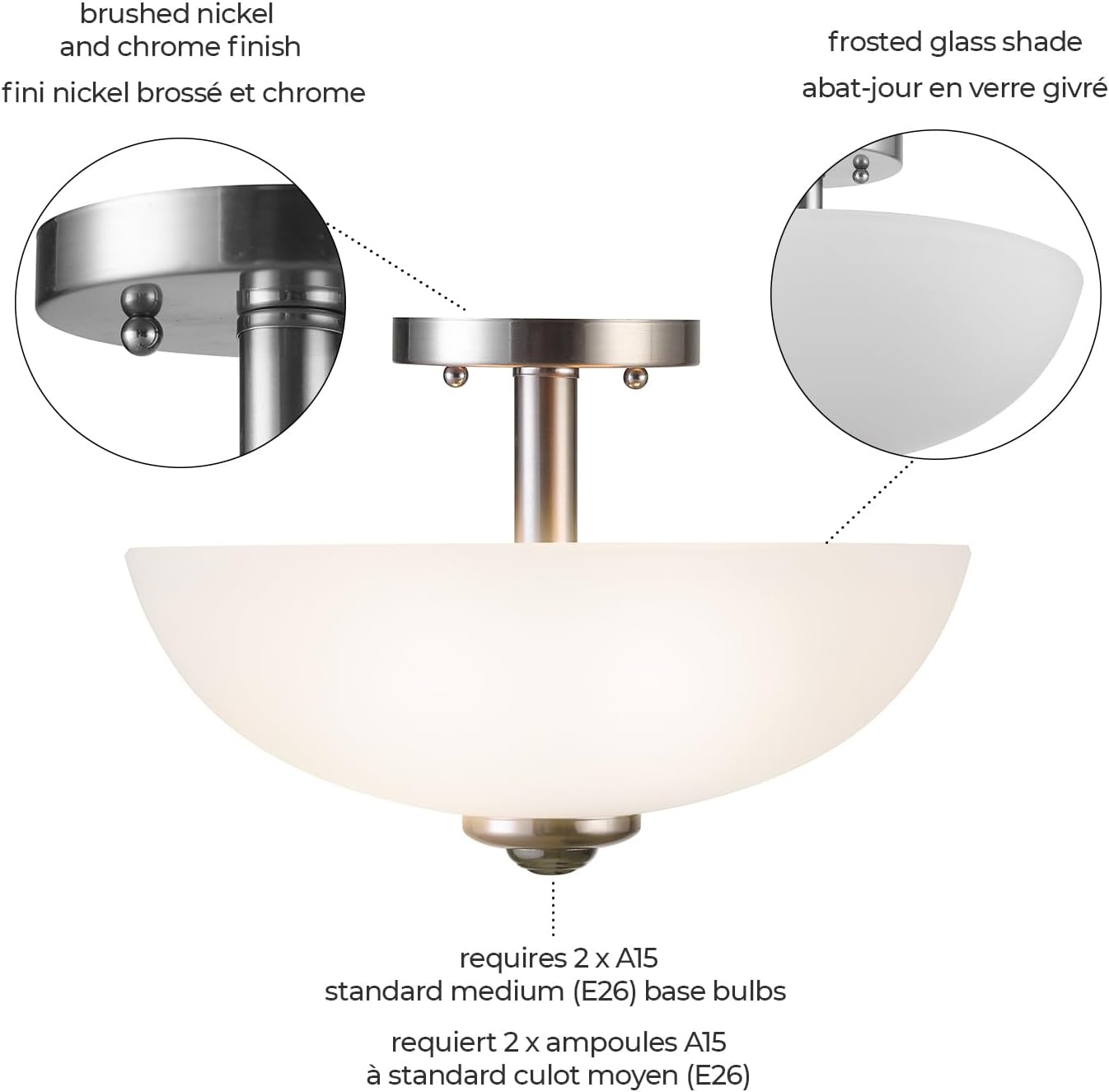 image:imageGlobe Electric 60315 2Light Flush Mount Ceiling Light Dark Bronze Finish White Linen Shade Low Profile Drum Design E26 Base DimmableBushed Nickel Glass Shade