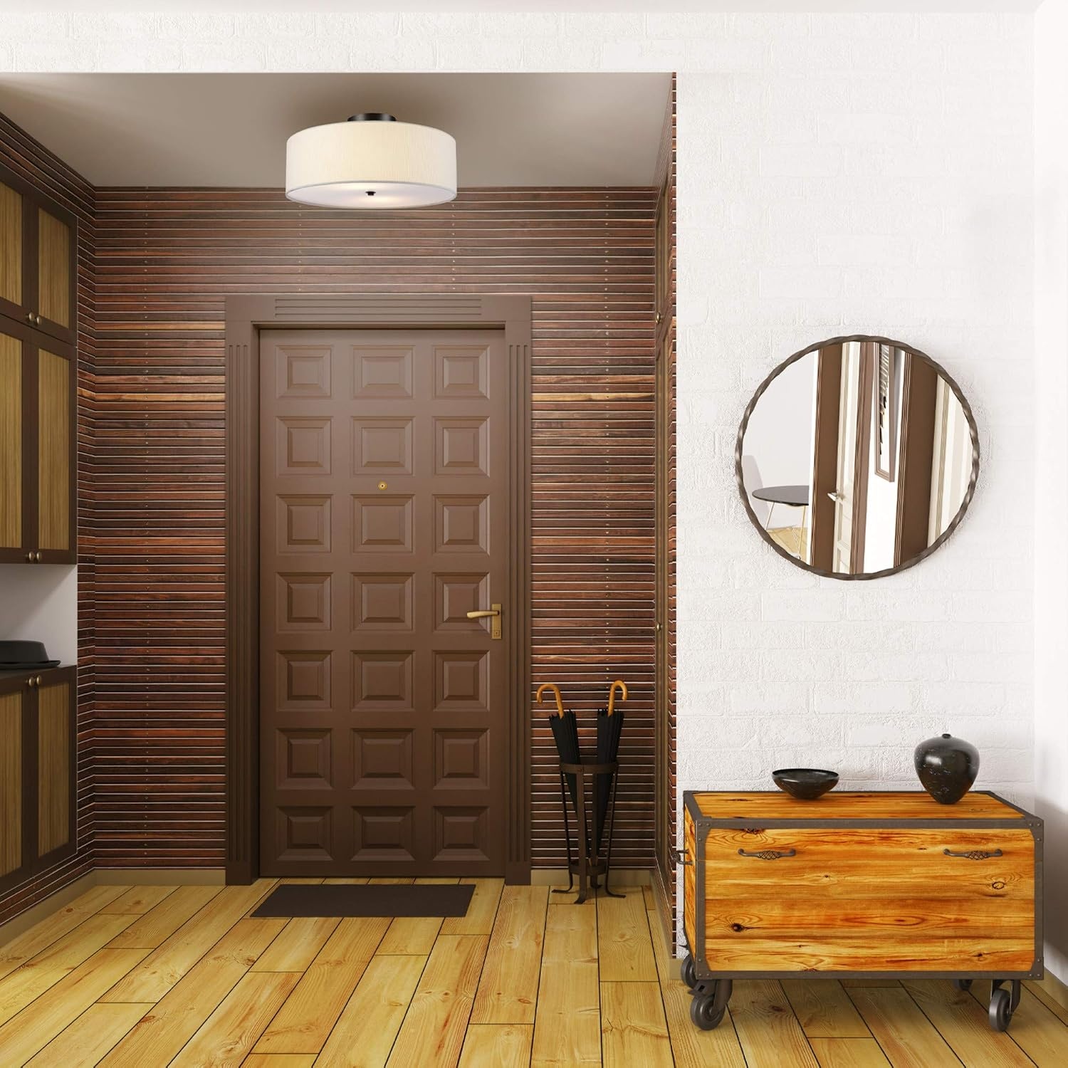 image:imageGlobe Electric 60315 2Light Flush Mount Ceiling Light Dark Bronze Finish White Linen Shade Low Profile Drum Design E26 Base DimmableDark Bronze Linen Shade