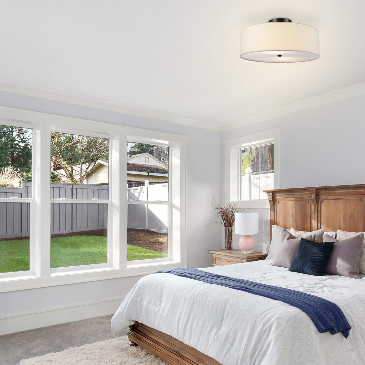 image:imageGlobe Electric 60315 2Light Flush Mount Ceiling Light Dark Bronze Finish White Linen Shade Low Profile Drum Design E26 Base DimmableDark Bronze Linen Shade