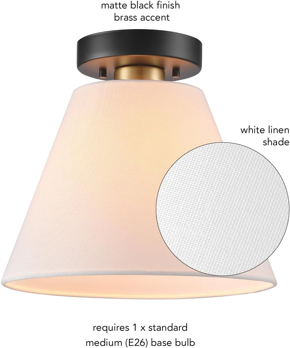image:imageGlobe Electric 60315 2Light Flush Mount Ceiling Light Dark Bronze Finish White Linen Shade Low Profile Drum Design E26 Base DimmableMatte Black Brass Accents