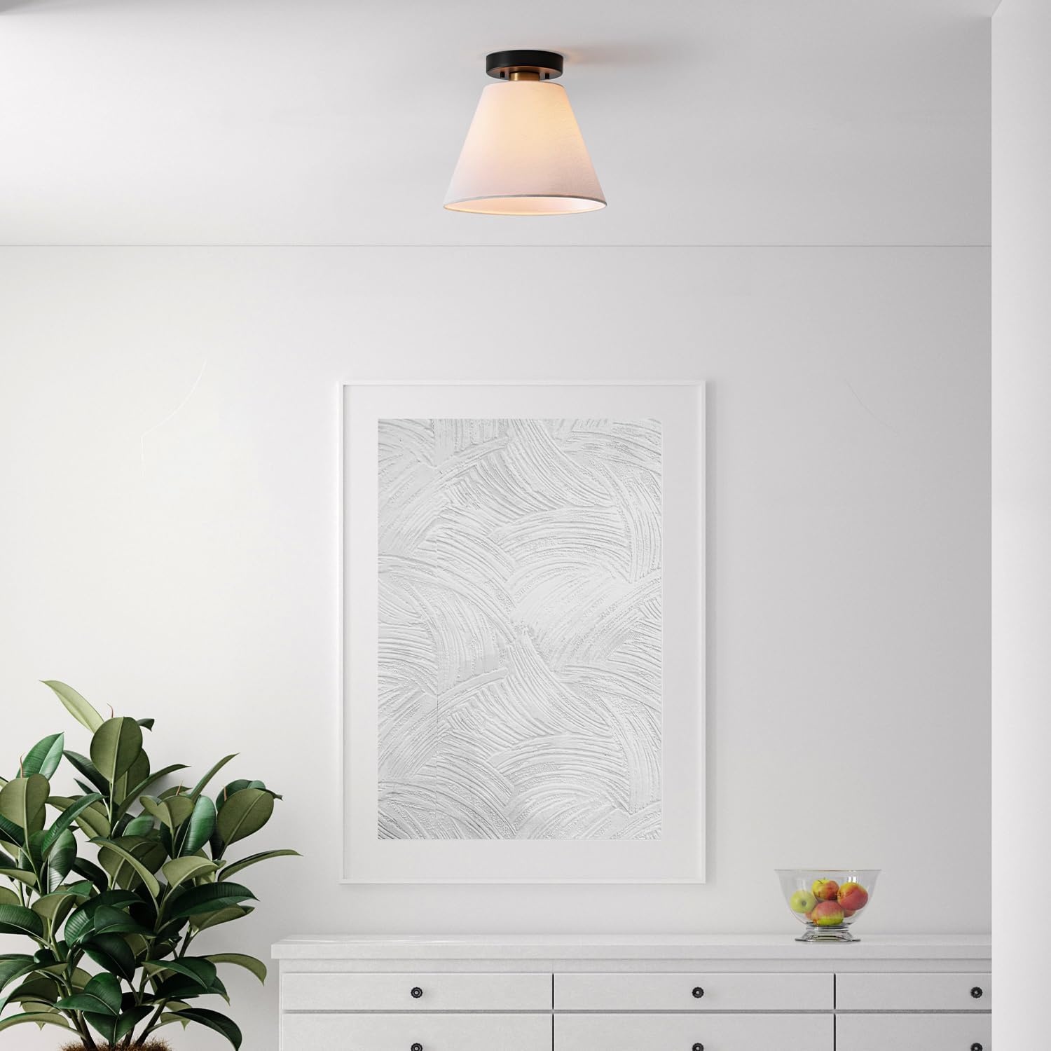 image:imageGlobe Electric 60315 2Light Flush Mount Ceiling Light Dark Bronze Finish White Linen Shade Low Profile Drum Design E26 Base DimmableMatte Black Brass Accents