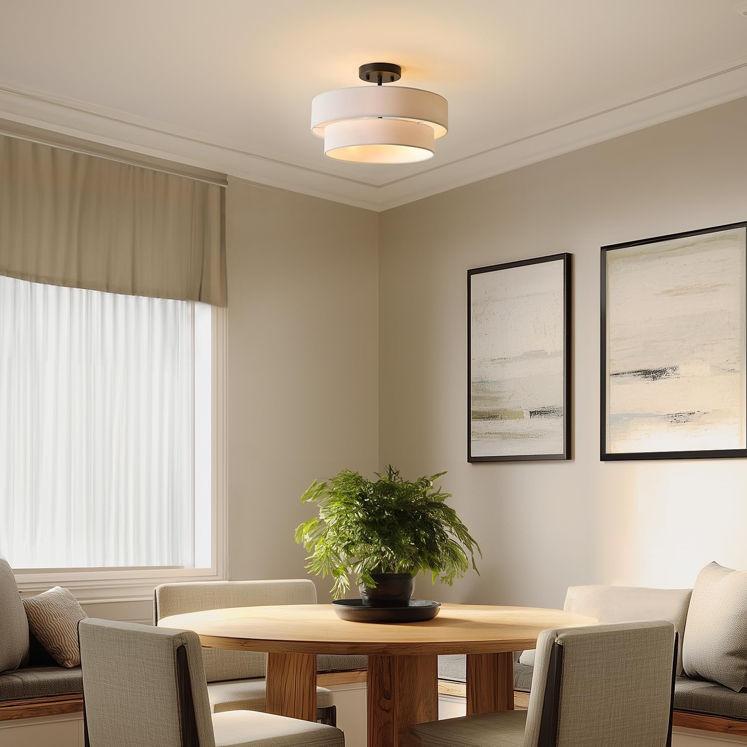 image:imageGlobe Electric 60315 2Light Flush Mount Ceiling Light Dark Bronze Finish White Linen Shade Low Profile Drum Design E26 Base DimmableMatte Black Linen Shade