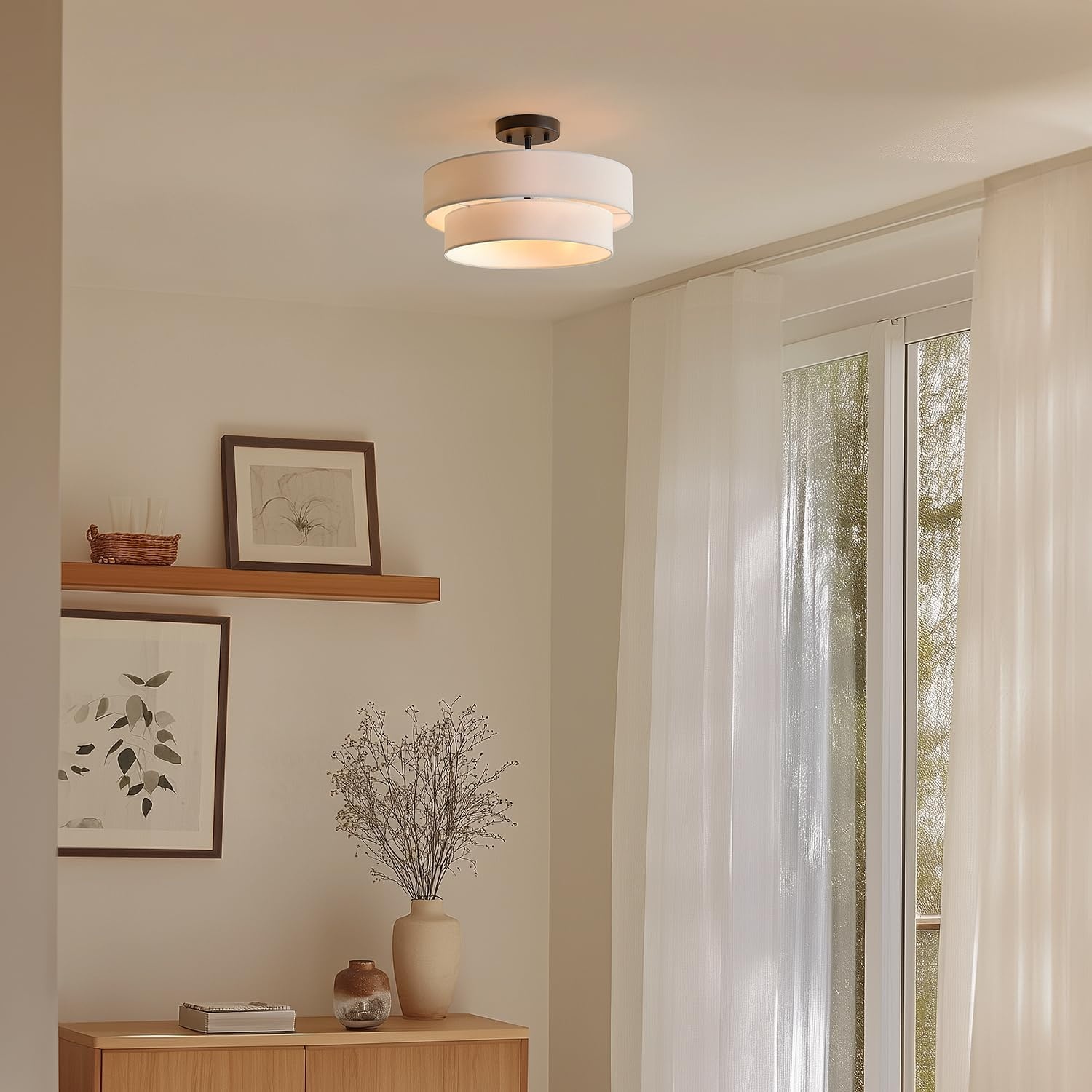 image:imageGlobe Electric 60315 2Light Flush Mount Ceiling Light Dark Bronze Finish White Linen Shade Low Profile Drum Design E26 Base DimmableMatte Black Linen Shade