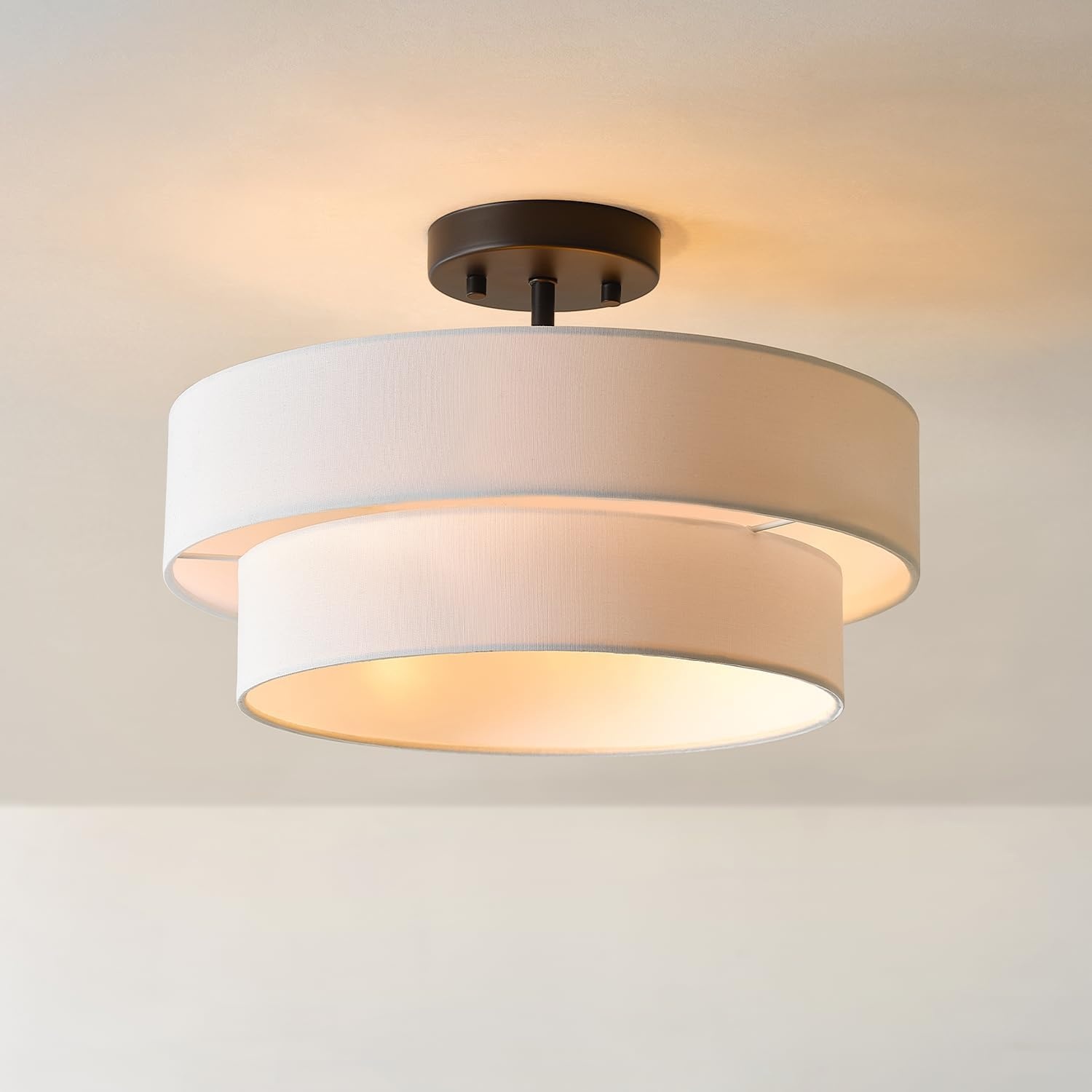 image:imageGlobe Electric 60315 2Light Flush Mount Ceiling Light Dark Bronze Finish White Linen Shade Low Profile Drum Design E26 Base DimmableMatte Black Linen Shade