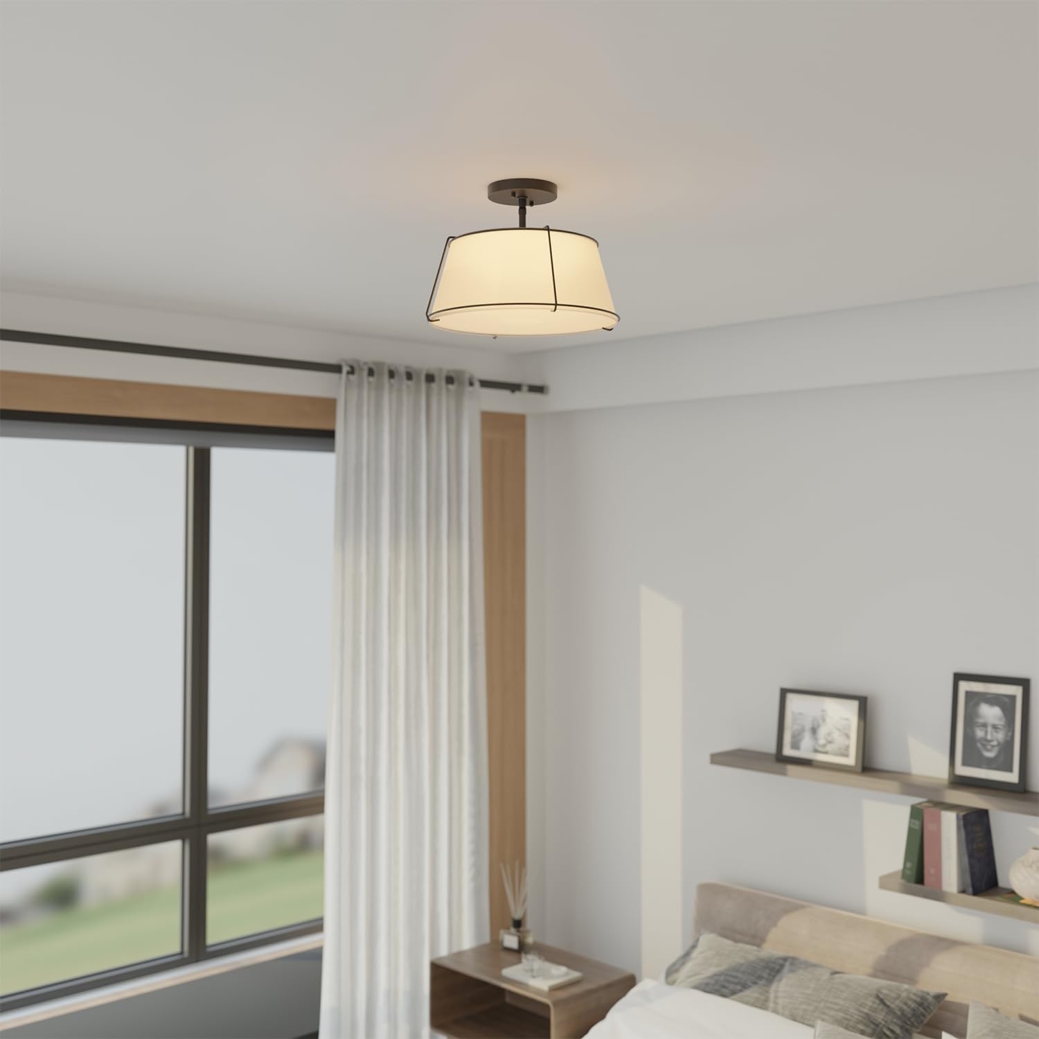 image:imageGlobe Electric 60315 2Light Flush Mount Ceiling Light Dark Bronze Finish White Linen Shade Low Profile Drum Design E26 Base DimmableMatte Black White Fabric Shade