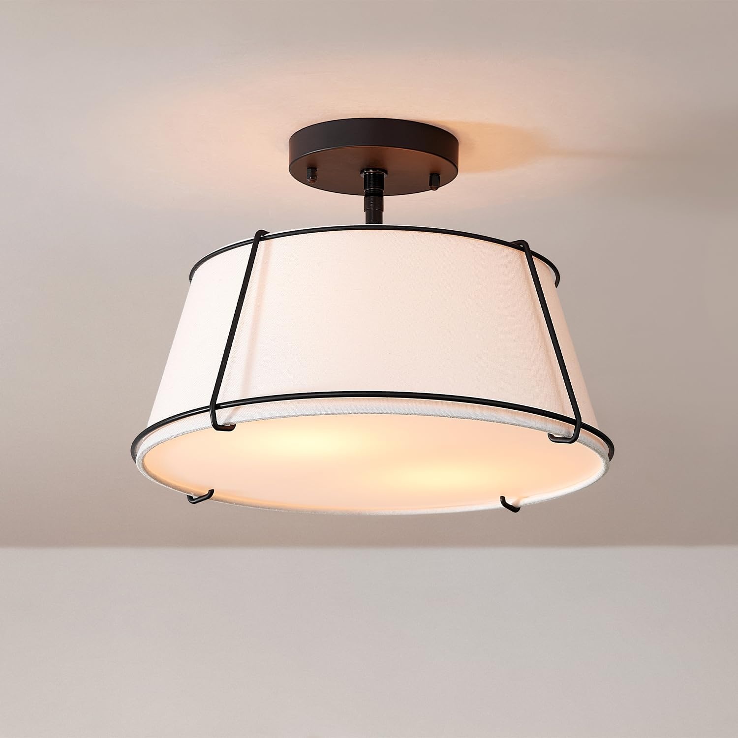 image:imageGlobe Electric 60315 2Light Flush Mount Ceiling Light Dark Bronze Finish White Linen Shade Low Profile Drum Design E26 Base DimmableMatte Black White Fabric Shade