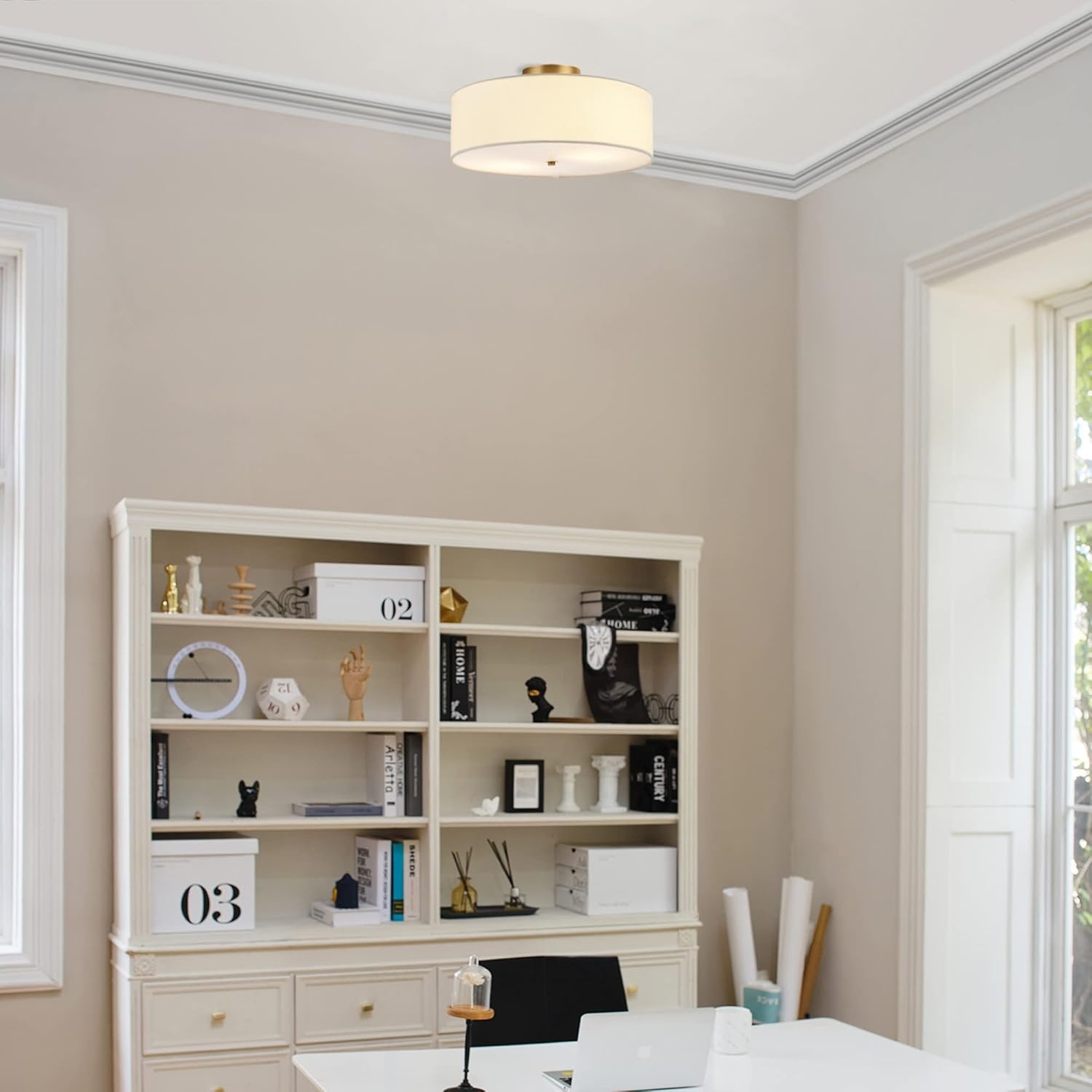 image:imageGlobe Electric 60315 2Light Flush Mount Ceiling Light Dark Bronze Finish White Linen Shade Low Profile Drum Design E26 Base DimmableMatte Brass Linen Shade