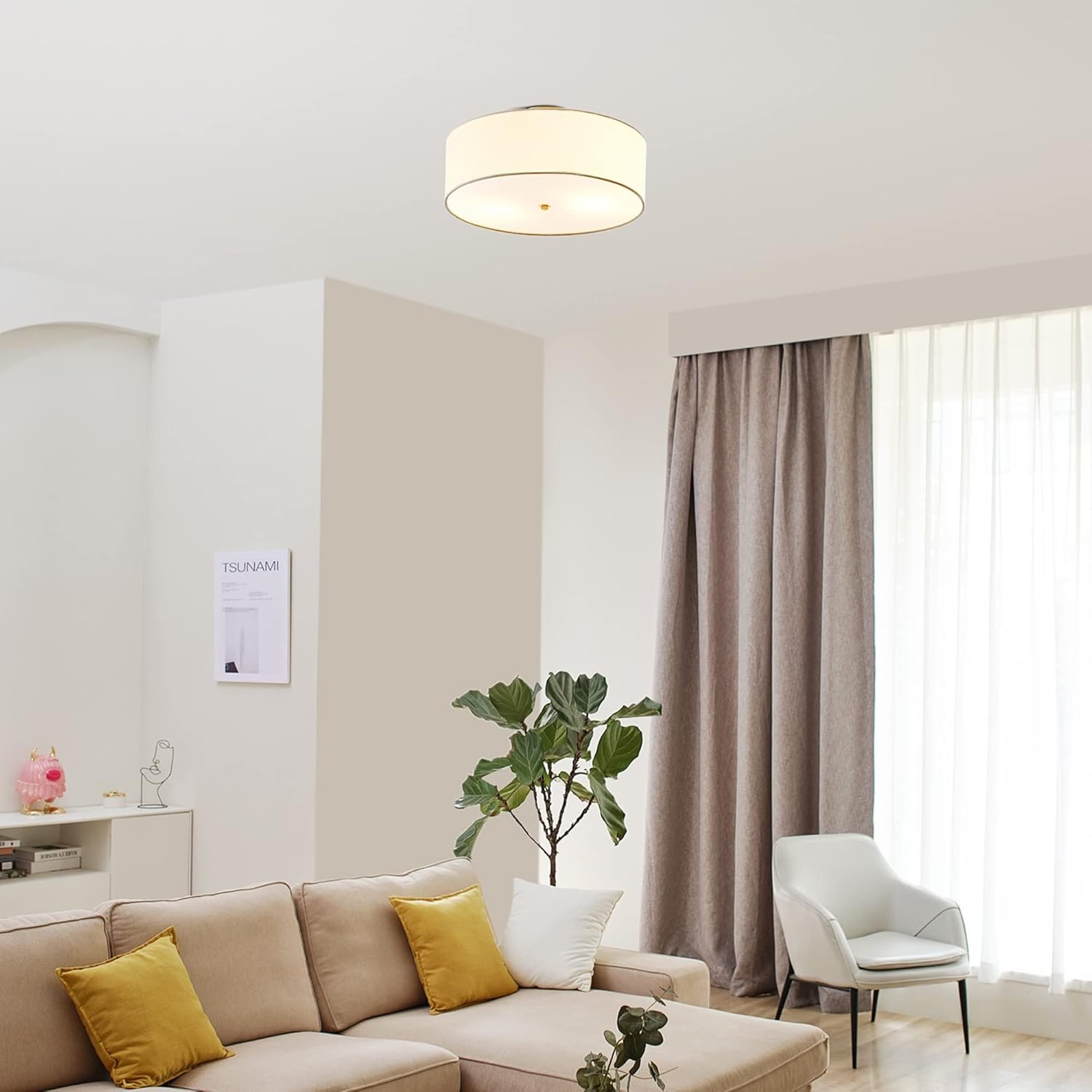 image:imageGlobe Electric 60315 2Light Flush Mount Ceiling Light Dark Bronze Finish White Linen Shade Low Profile Drum Design E26 Base DimmableMatte Brass Linen Shade