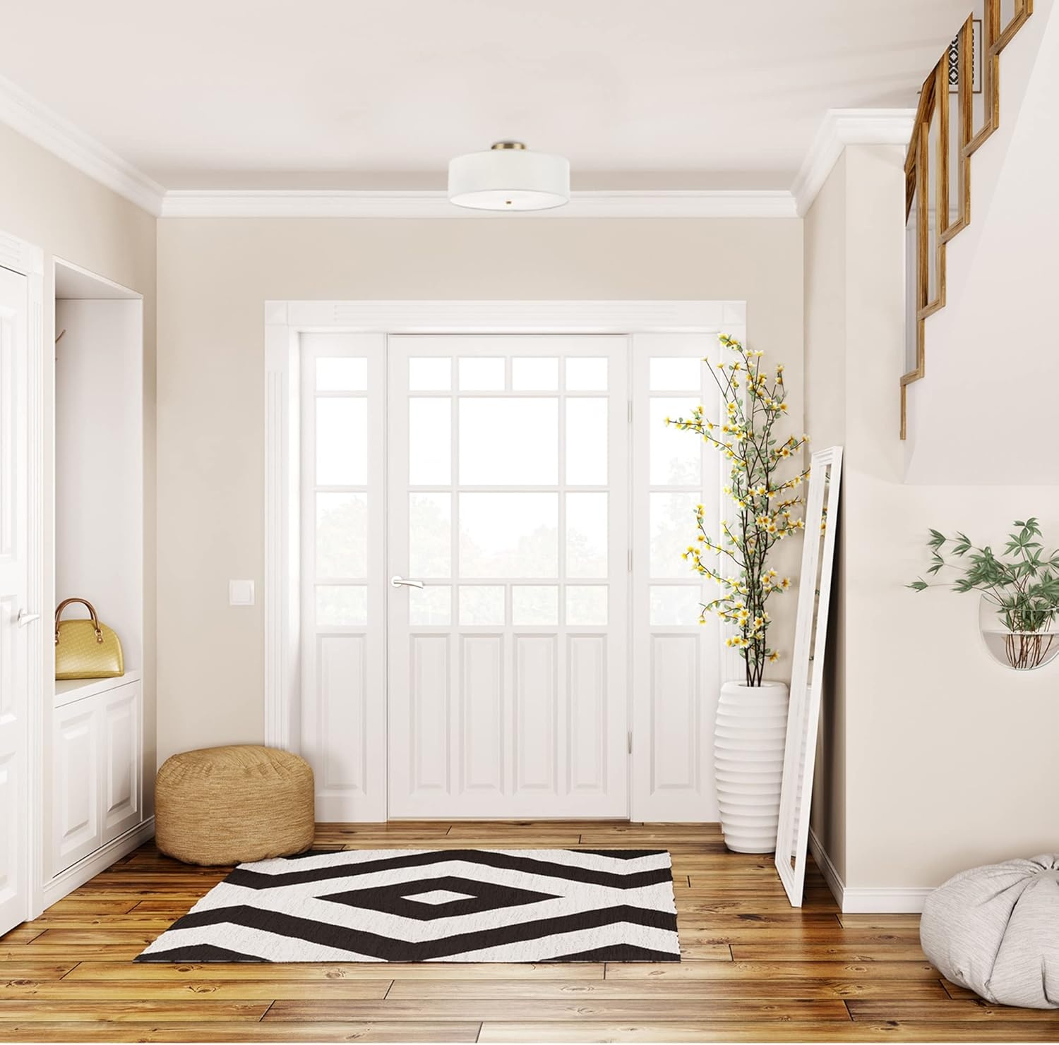 image:imageGlobe Electric 60315 2Light Flush Mount Ceiling Light Dark Bronze Finish White Linen Shade Low Profile Drum Design E26 Base DimmableMatte Brass Linen Shade