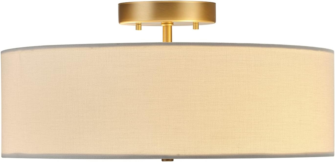 image:imageGlobe Electric 60315 2Light Flush Mount Ceiling Light Dark Bronze Finish White Linen Shade Low Profile Drum Design E26 Base DimmableMatte Brass Linen Shade
