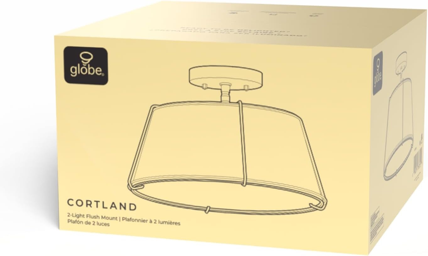 image:imageGlobe Electric 60315 2Light Flush Mount Ceiling Light Dark Bronze Finish White Linen Shade Low Profile Drum Design E26 Base DimmableMatte Brass OffWhite Fabric Shade