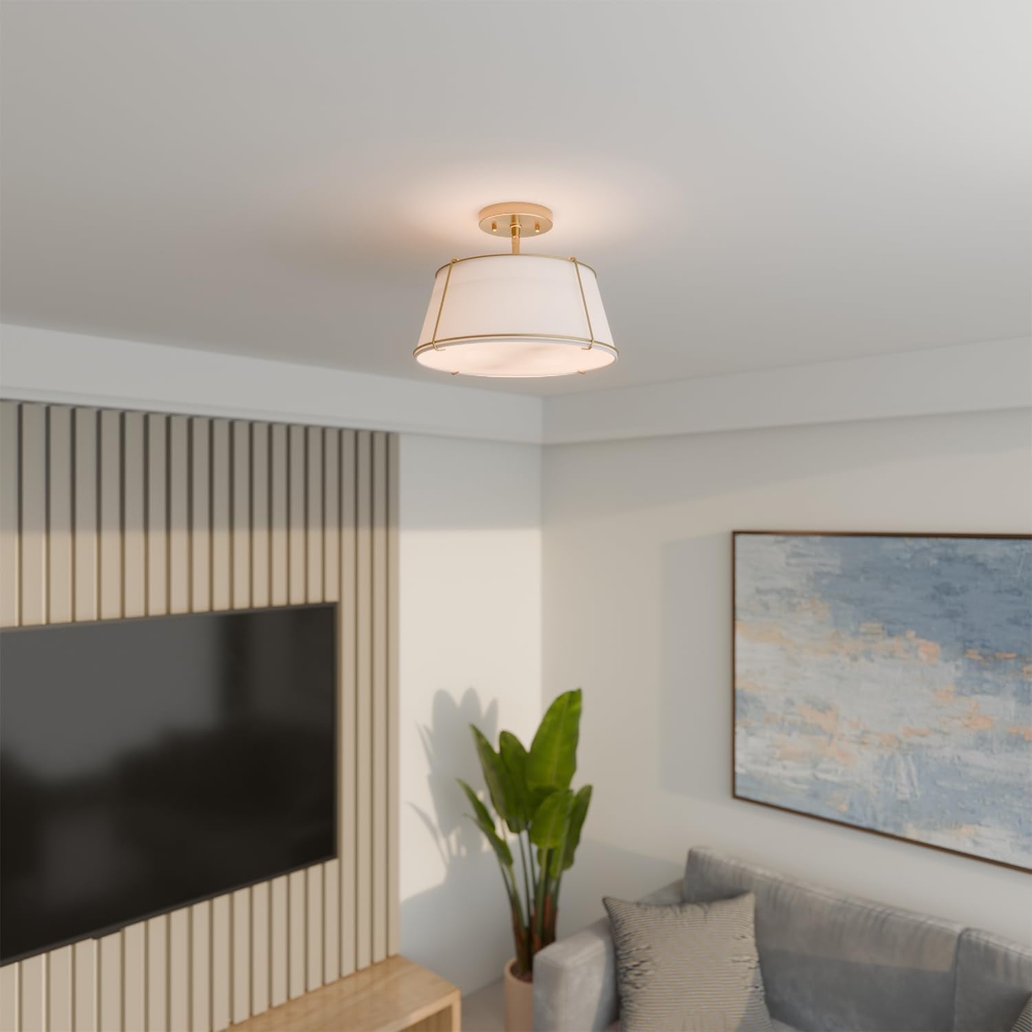 image:imageGlobe Electric 60315 2Light Flush Mount Ceiling Light Dark Bronze Finish White Linen Shade Low Profile Drum Design E26 Base DimmableMatte Brass OffWhite Fabric Shade