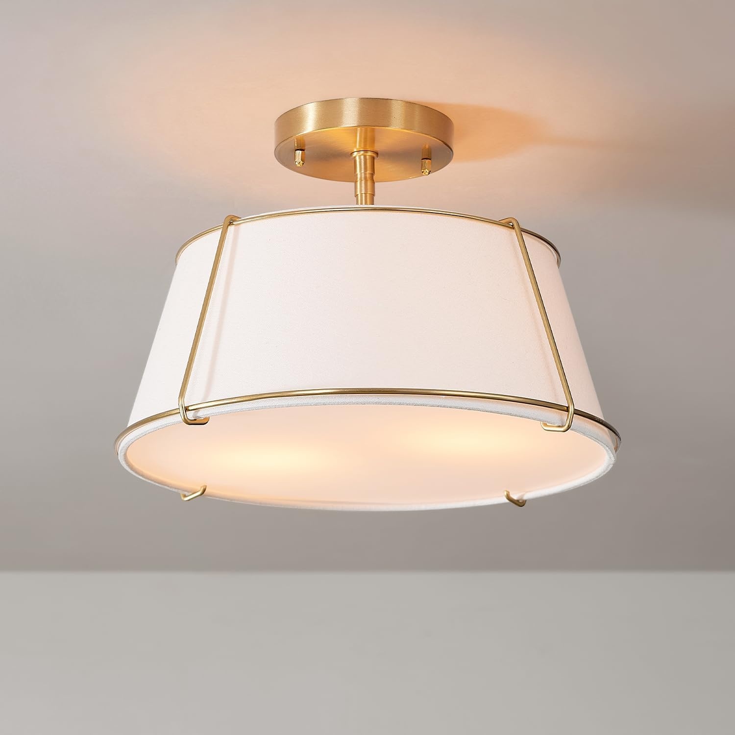 image:imageGlobe Electric 60315 2Light Flush Mount Ceiling Light Dark Bronze Finish White Linen Shade Low Profile Drum Design E26 Base DimmableMatte Brass OffWhite Fabric Shade