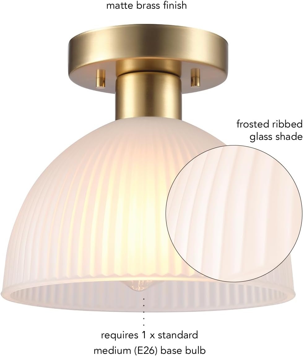 image:imageGlobe Electric 60315 2Light Flush Mount Ceiling Light Dark Bronze Finish White Linen Shade Low Profile Drum Design E26 Base DimmableMatte Brass Ribbed Glass