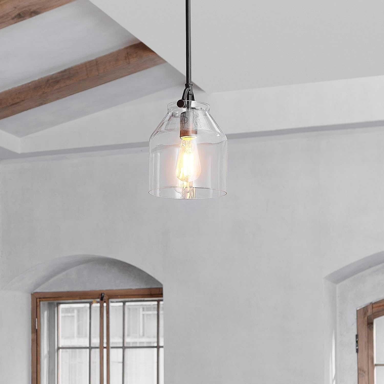 image:imageGlobe Electric 60403 1Light Pendant Light Fixture Matte White Brass Accents Fabric Cord Dining Room Fixture Kitchen Island Lighting Modern Living Room Pendant Light Hanging Lights for BedroomMatte Black Helm