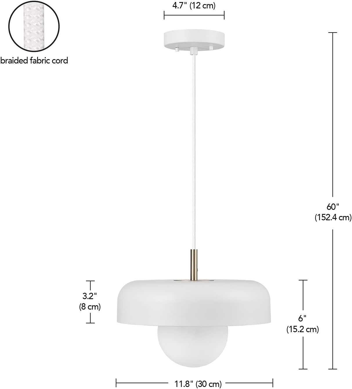 image:imageGlobe Electric 60403 1Light Pendant Light Fixture Matte White Brass Accents Fabric Cord Dining Room Fixture Kitchen Island Lighting Modern Living Room Pendant Light Hanging Lights for BedroomMatte White Jackie