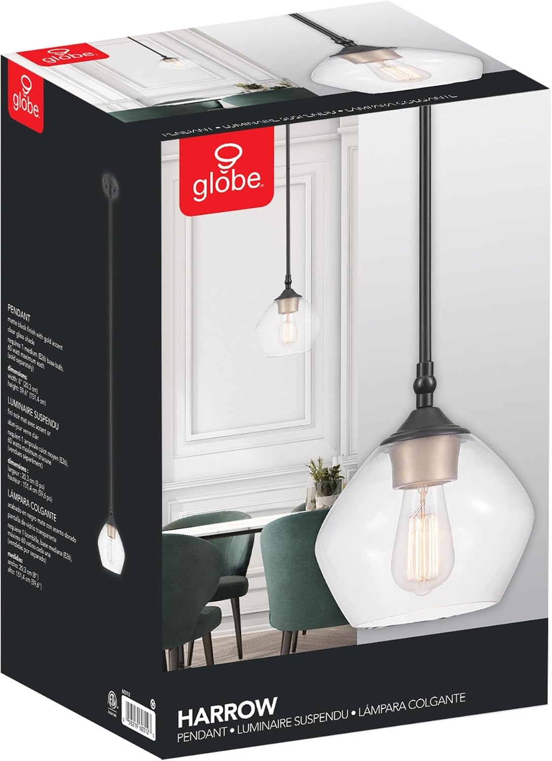 image:imageGlobe Electric 60403 1Light Pendant Light Fixture Matte White Brass Accents Fabric Cord Dining Room Fixture Kitchen Island Lighting Modern Living Room Pendant Light Hanging Lights for BedroomMatte Black Harrow