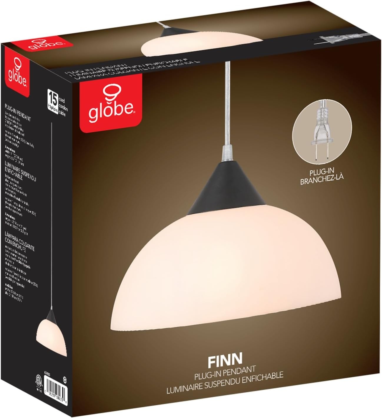 image:imageGlobe Electric 60435 1Light Plugin Pendant Light Fixture Dark Bronze Finish Frosted Shade Adjustable Clear Cord Height Modern Hanging Lights for Kitchen Island Hallway or Dining Room1