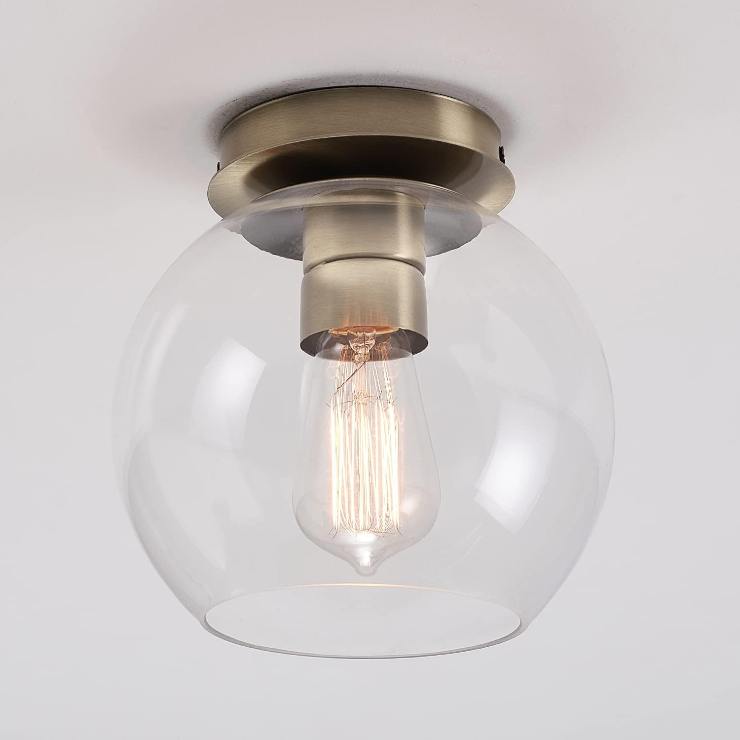 image:imageGlobe Electric 60868 1Light Flush Mount Ceiling Light Brass Clear Glass Shade Bedroom Lighting Fixtures Ceiling Dining Room Fixture Modern Timeless Lighting for Hallway or Dining Room