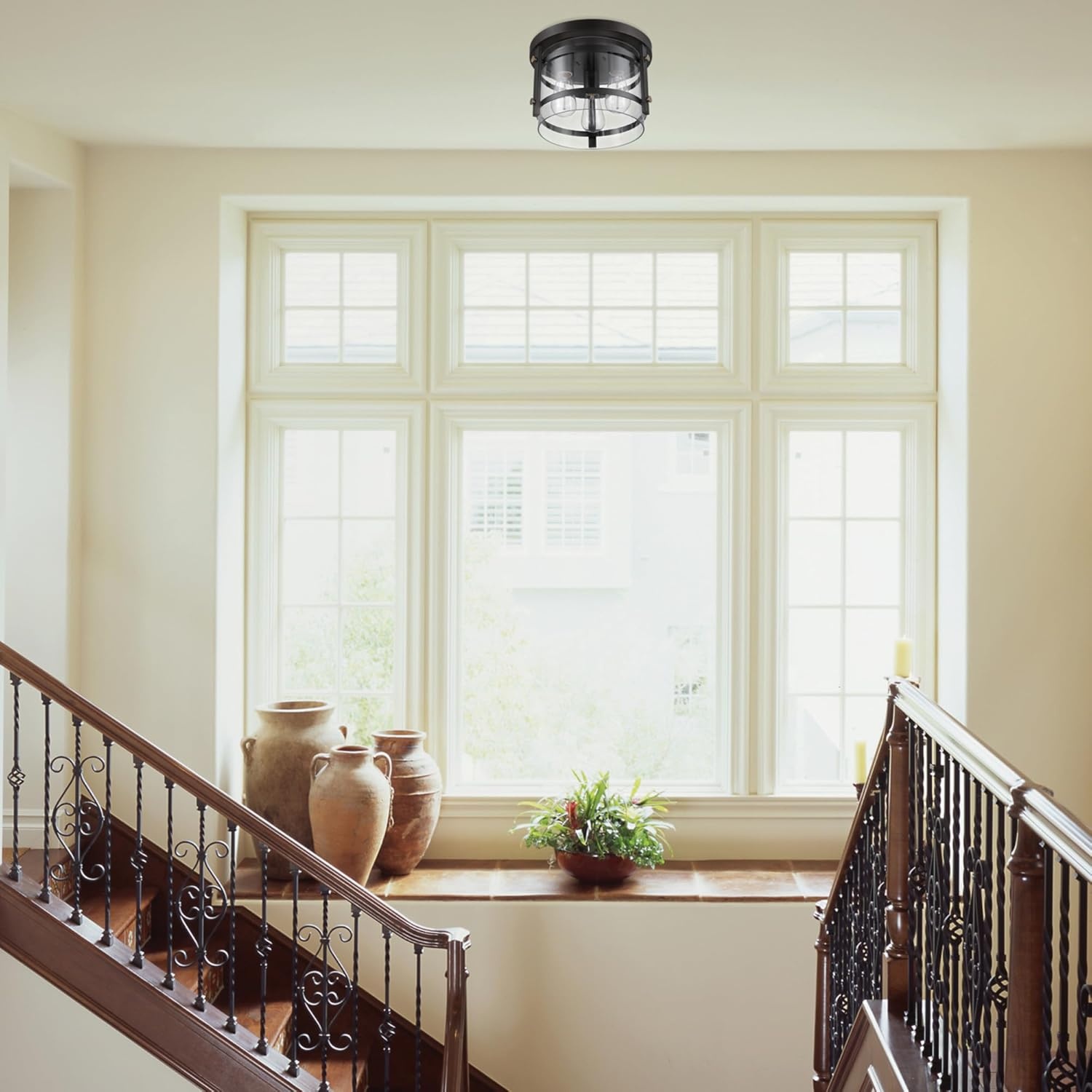 image:imageGlobe Electric 60870 2Light Flush Mount Ceiling Light Matte Black Brass Accents Clear Glass Shade Modern Lighting for Hallway Bedroom or Living Room E26 Base Bulbs Not IncludedDark Bronze Brass