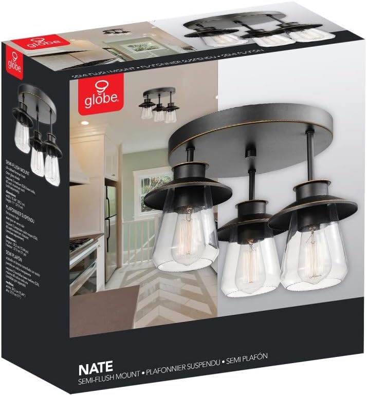 image:imageGlobe Electric 60879 Nate 3Light SemiFlush Mount Ceiling Light Oil Rubbed Bronze Clear Glass Shades Bulb Not IncludedOilRubbed Bronze