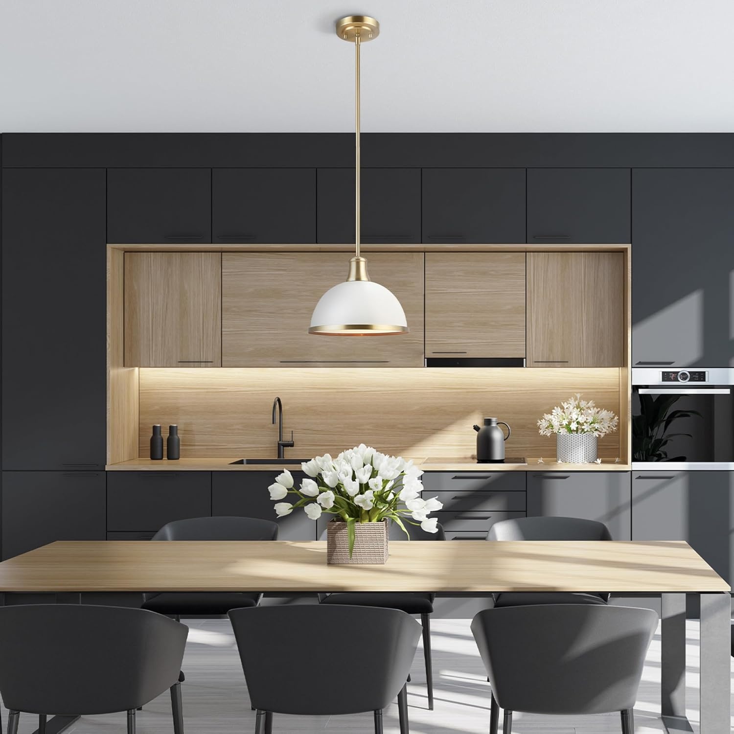 image:imageGlobe Electric 60885 3Light Linear Chandelier Matte White Brass Accents Adjustable Hanging Height Sloped or Vaulted Ceiling Modern Dimmable Lighting for Kitchen Island or Dining RoomWhite