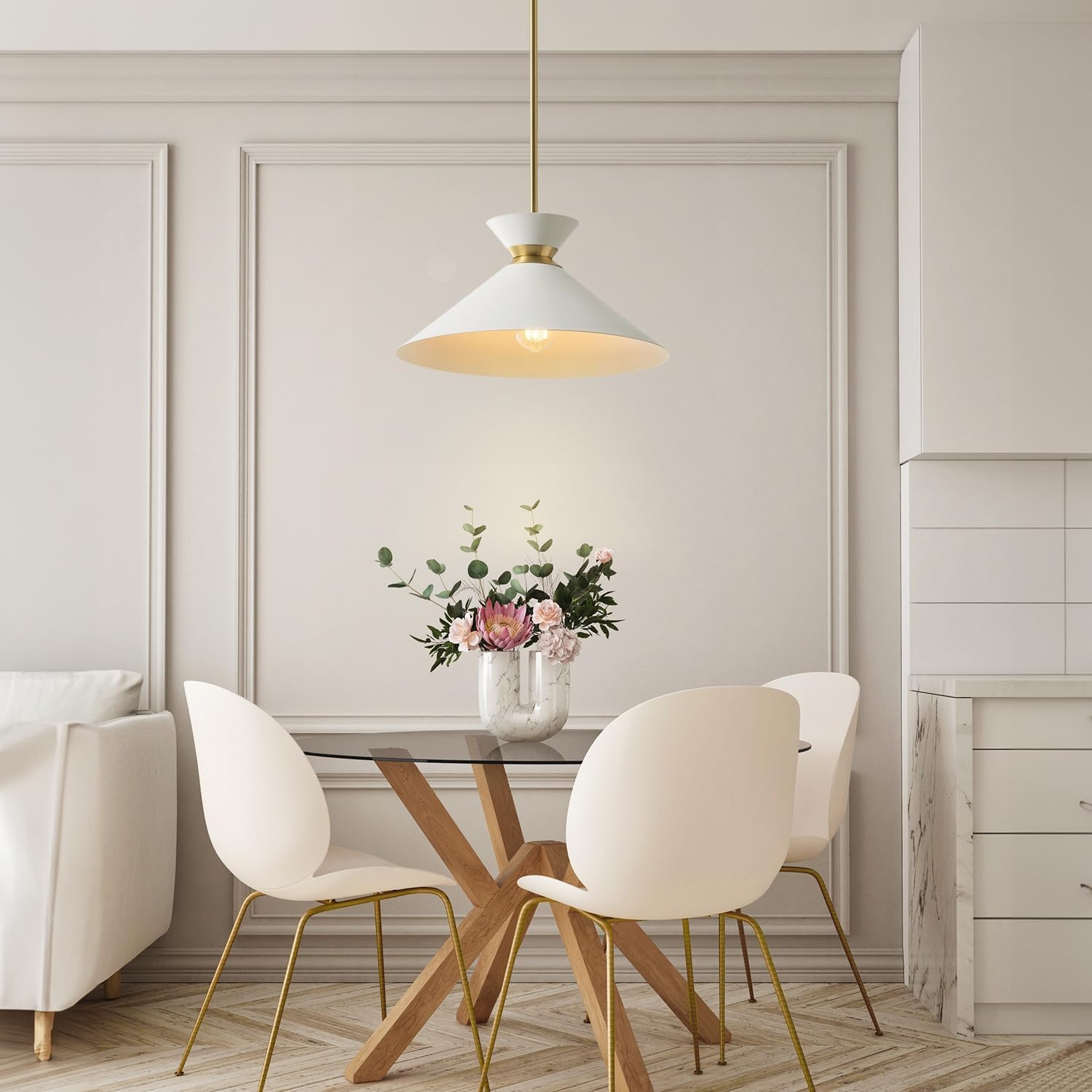 image:imageGlobe Electric 60885 3Light Linear Chandelier Matte White Brass Accents Adjustable Hanging Height Sloped or Vaulted Ceiling Modern Dimmable Lighting for Kitchen Island or Dining RoomMatte Brass