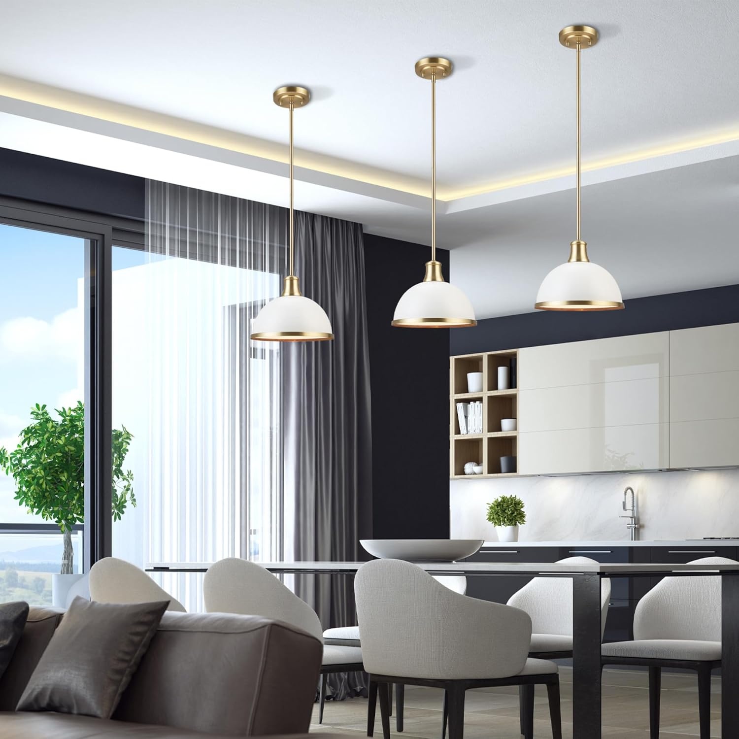 image:imageGlobe Electric 60885 3Light Linear Chandelier Matte White Brass Accents Adjustable Hanging Height Sloped or Vaulted Ceiling Modern Dimmable Lighting for Kitchen Island or Dining RoomWhite