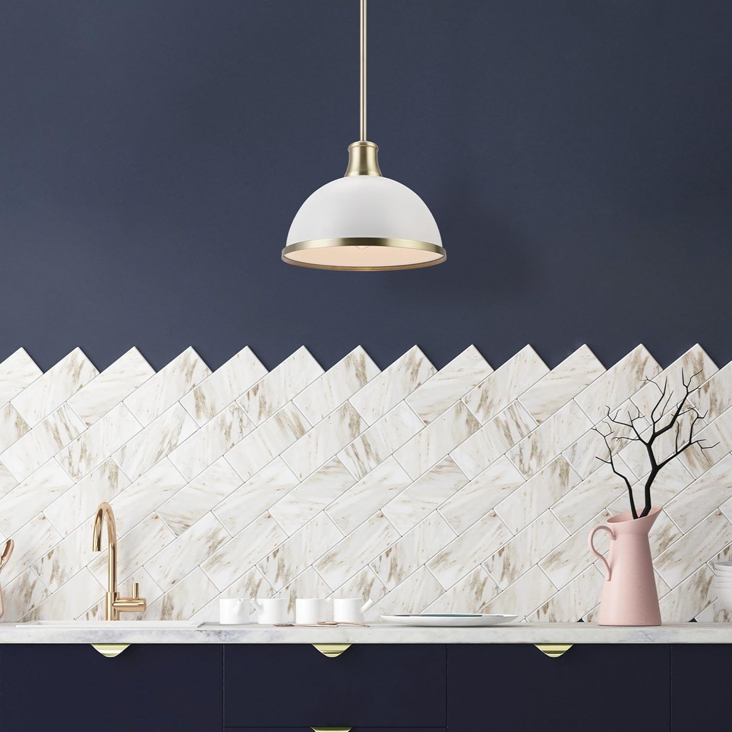 image:imageGlobe Electric 60885 3Light Linear Chandelier Matte White Brass Accents Adjustable Hanging Height Sloped or Vaulted Ceiling Modern Dimmable Lighting for Kitchen Island or Dining RoomWhite