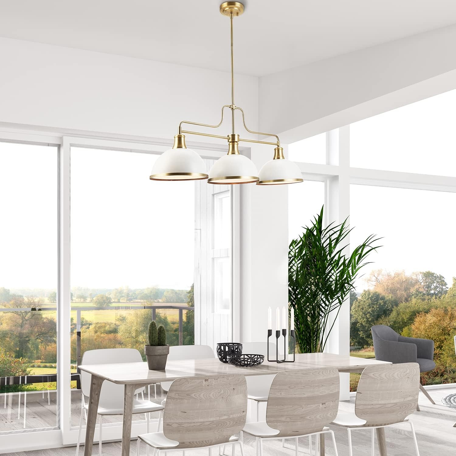 image:imageGlobe Electric 60885 3Light Linear Chandelier Matte White Brass Accents Adjustable Hanging Height Sloped or Vaulted Ceiling Modern Dimmable Lighting for Kitchen Island or Dining RoomMatte White 3Light