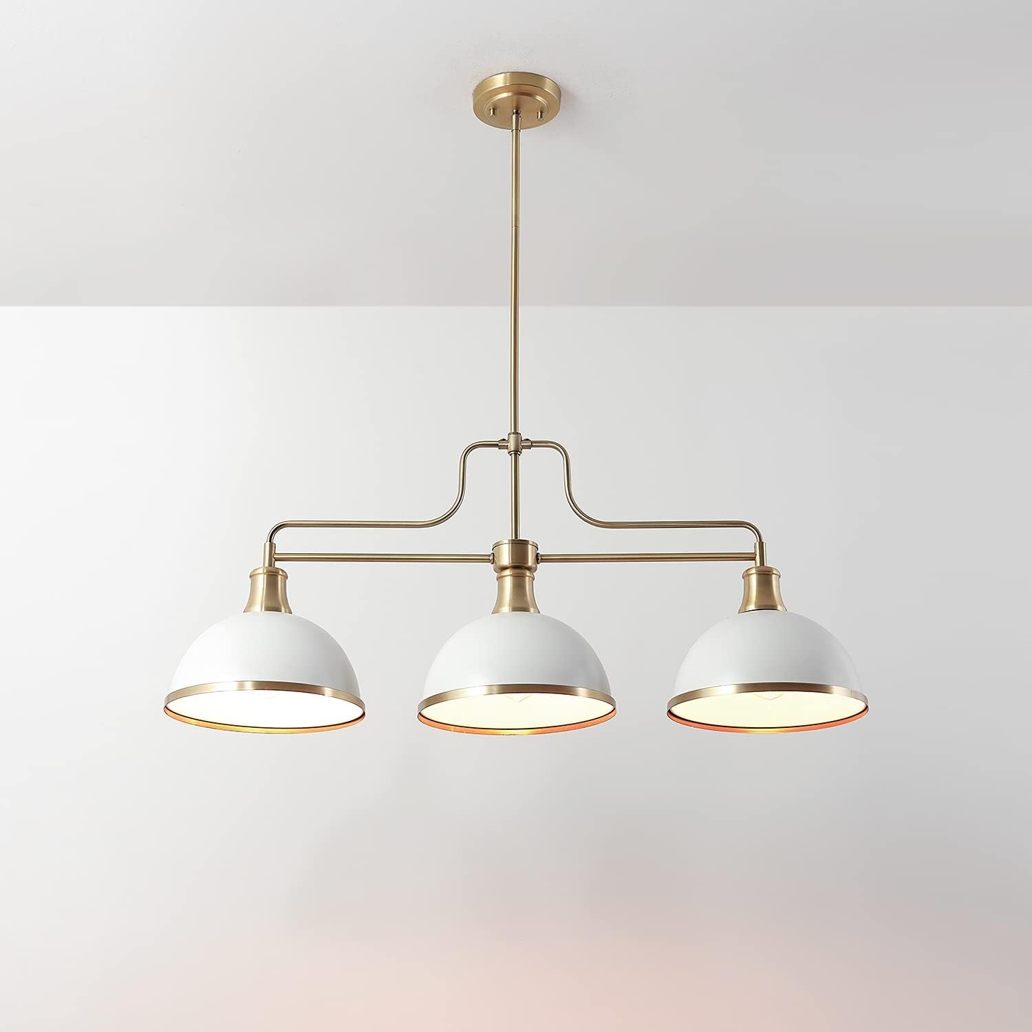 image:imageGlobe Electric 60885 3Light Linear Chandelier Matte White Brass Accents Adjustable Hanging Height Sloped or Vaulted Ceiling Modern Dimmable Lighting for Kitchen Island or Dining RoomMatte White 3Light