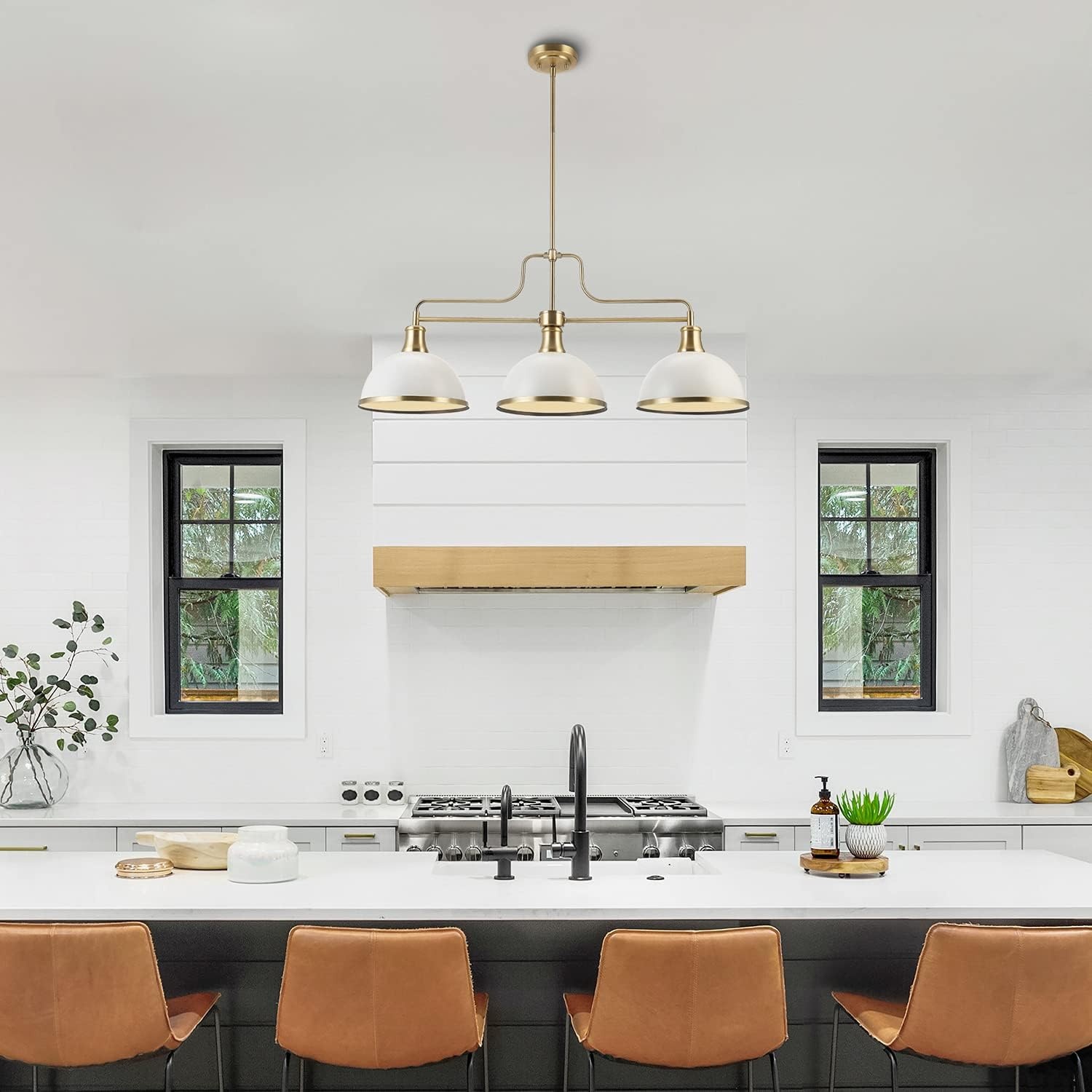 image:imageGlobe Electric 60885 3Light Linear Chandelier Matte White Brass Accents Adjustable Hanging Height Sloped or Vaulted Ceiling Modern Dimmable Lighting for Kitchen Island or Dining RoomMatte White 3Light
