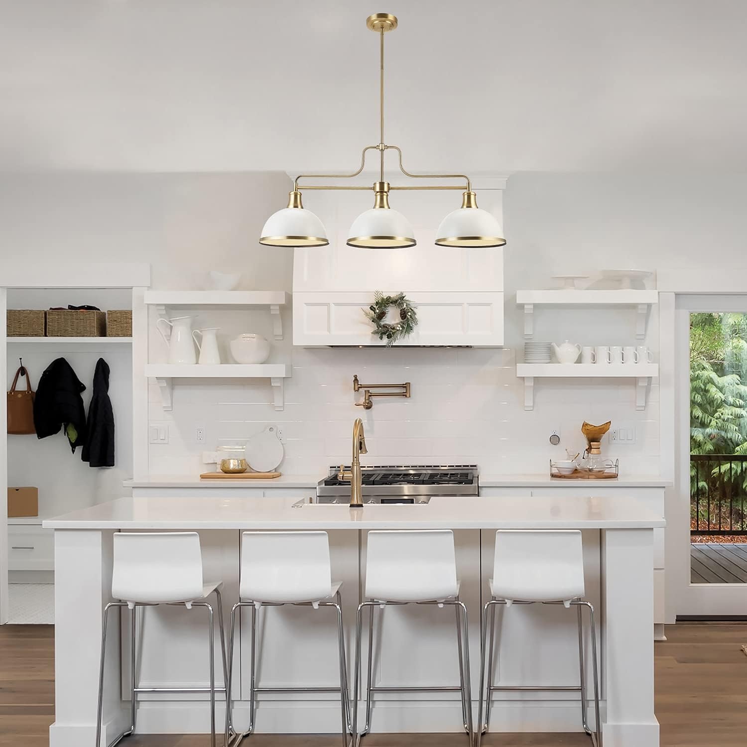 image:imageGlobe Electric 60885 3Light Linear Chandelier Matte White Brass Accents Adjustable Hanging Height Sloped or Vaulted Ceiling Modern Dimmable Lighting for Kitchen Island or Dining RoomMatte White 3Light