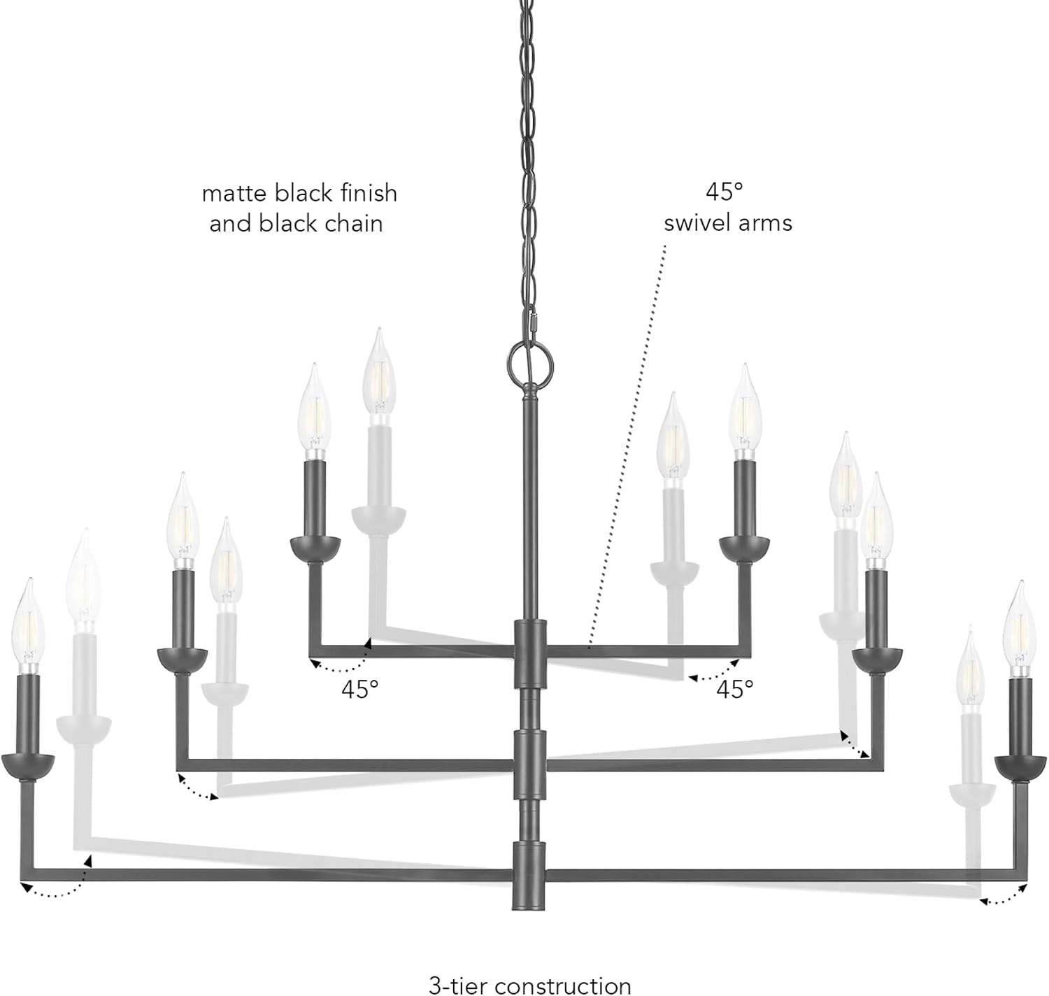 image:imageGlobe Electric 60886 Heath 3Light Convertible Flush Mount Ceiling Light Chandelier Matte Black Bulb Not IncludedMatte Black Black Chain