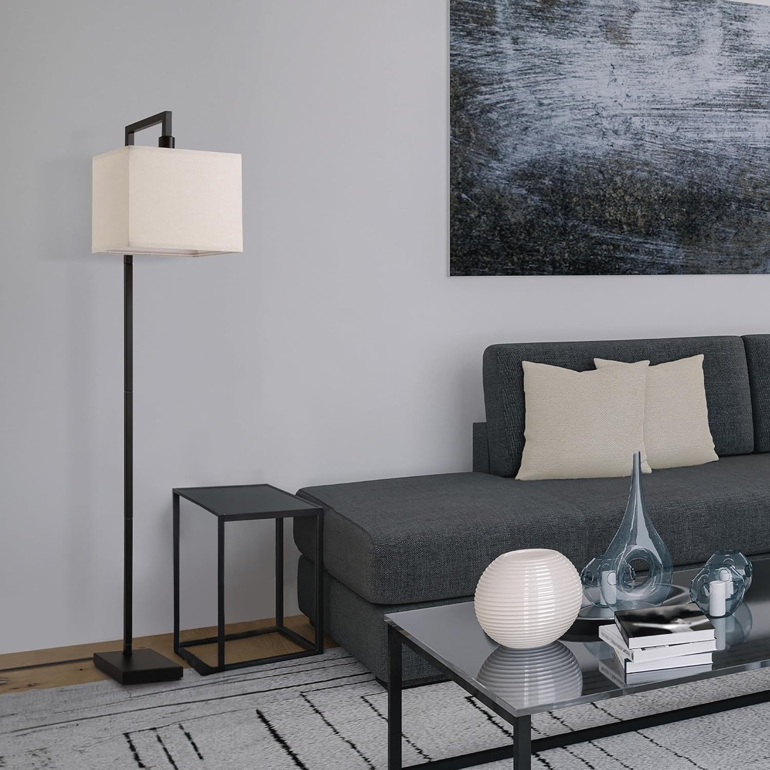 image:imageGlobe Electric 61000150 60 Floor Lamp Antique Brass Finish Beige Fabric Shade MidCentury Modern Standing Lamp E26 Base Sustainable Design for Living Rooms and BedroomsMatte Black Metalic