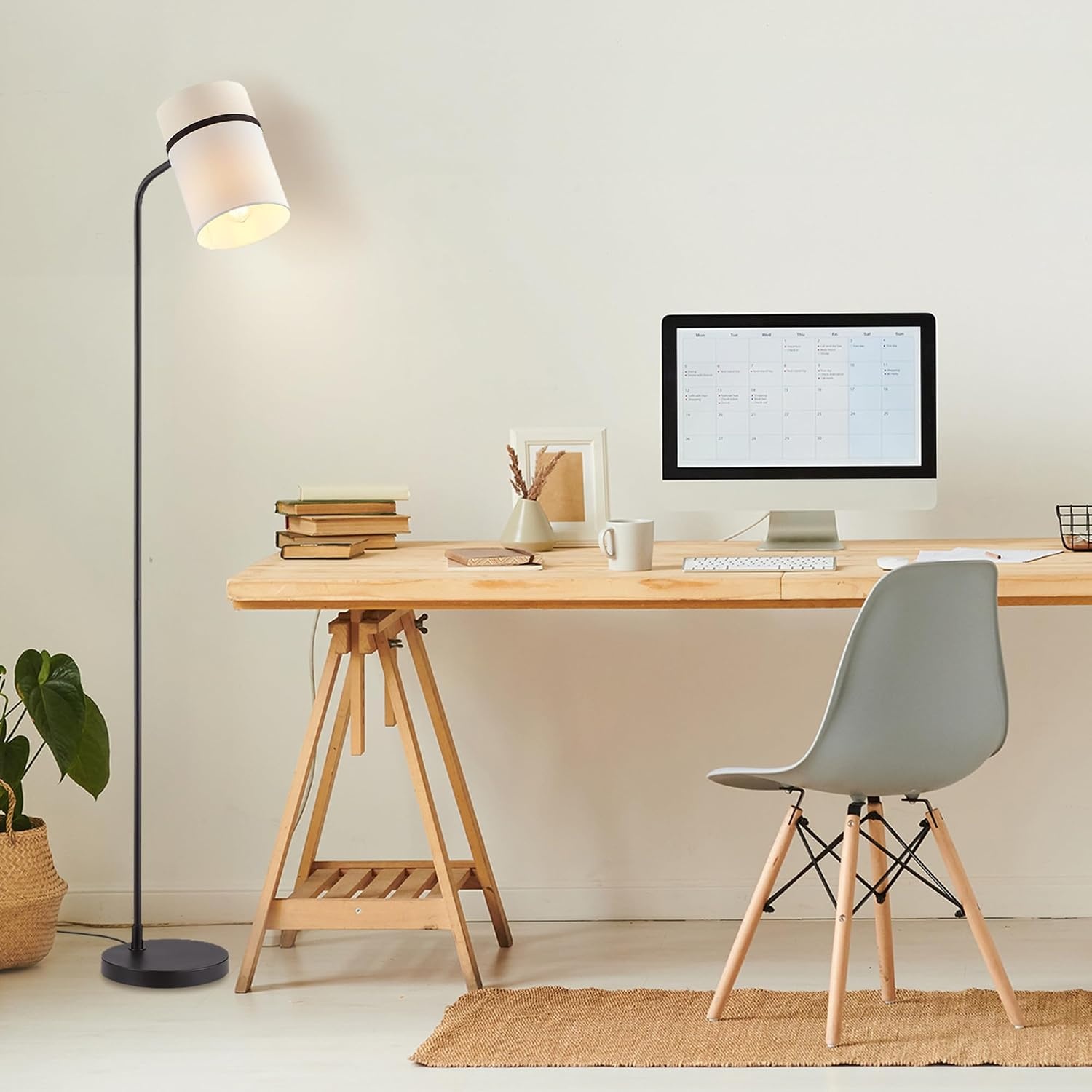 image:imageGlobe Electric 61000150 60 Floor Lamp Antique Brass Finish Beige Fabric Shade MidCentury Modern Standing Lamp E26 Base Sustainable Design for Living Rooms and BedroomsMatte Black White Fabric Shade