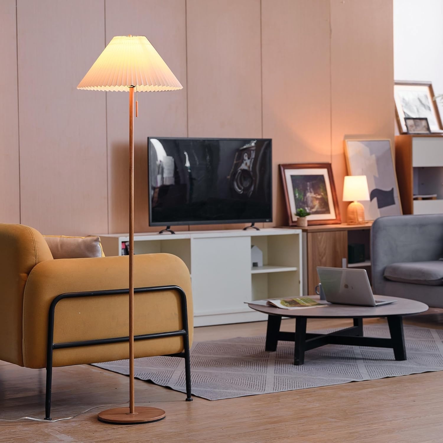 image:imageGlobe Electric 61000150 60 Floor Lamp Antique Brass Finish Beige Fabric Shade MidCentury Modern Standing Lamp E26 Base Sustainable Design for Living Rooms and BedroomsWood Toned Oren