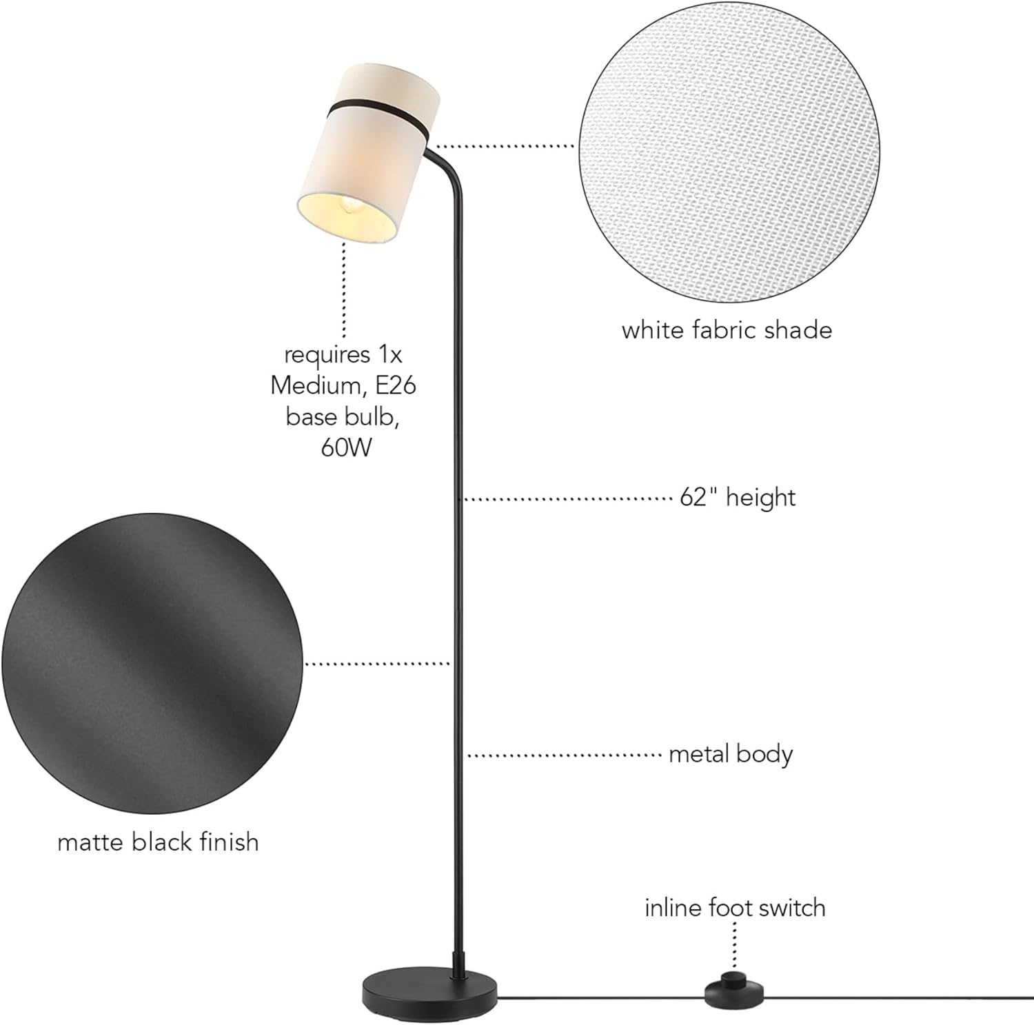 image:imageGlobe Electric 61000150 60 Floor Lamp Antique Brass Finish Beige Fabric Shade MidCentury Modern Standing Lamp E26 Base Sustainable Design for Living Rooms and BedroomsMatte Black White Fabric Shade