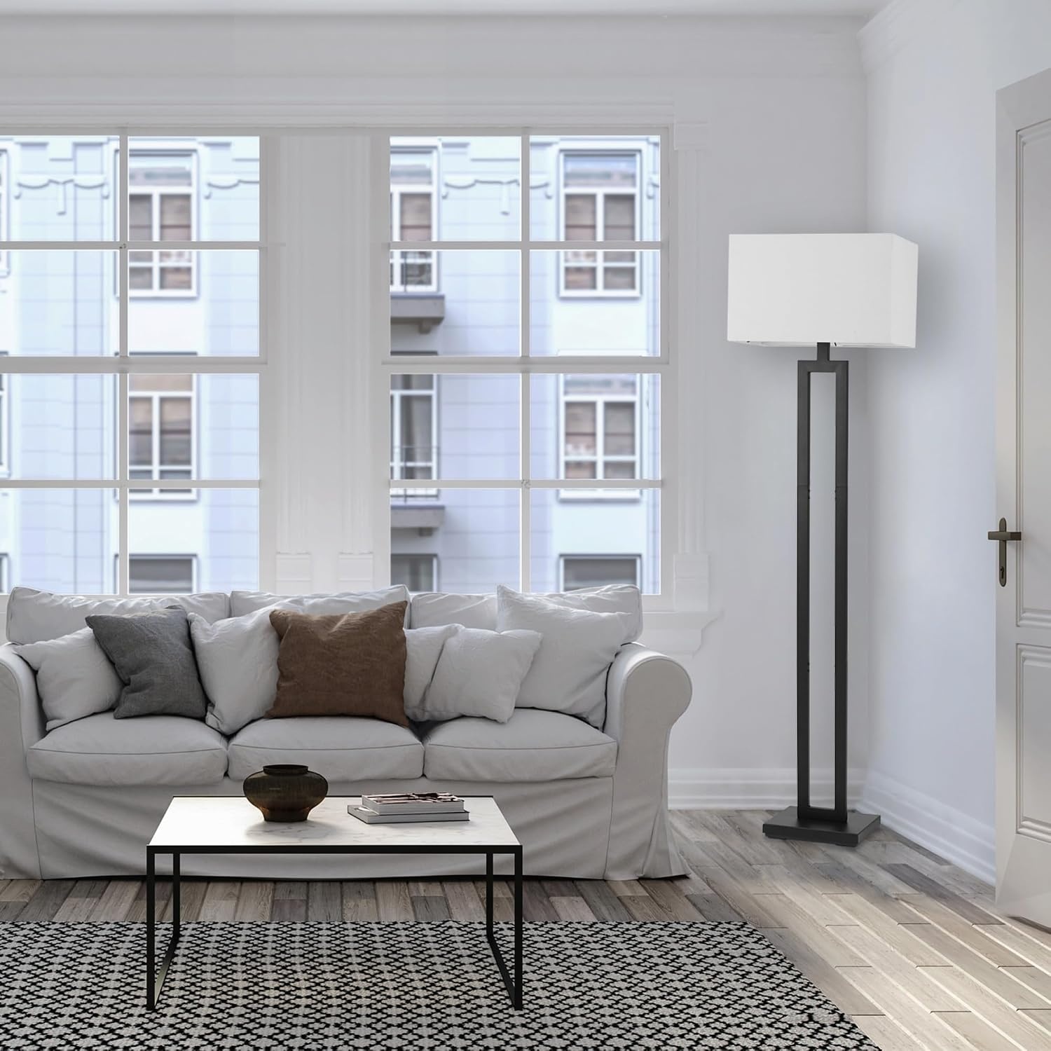 image:imageGlobe Electric 61000150 60 Floor Lamp Antique Brass Finish Beige Fabric Shade MidCentury Modern Standing Lamp E26 Base Sustainable Design for Living Rooms and BedroomsMatte Black DAlessio