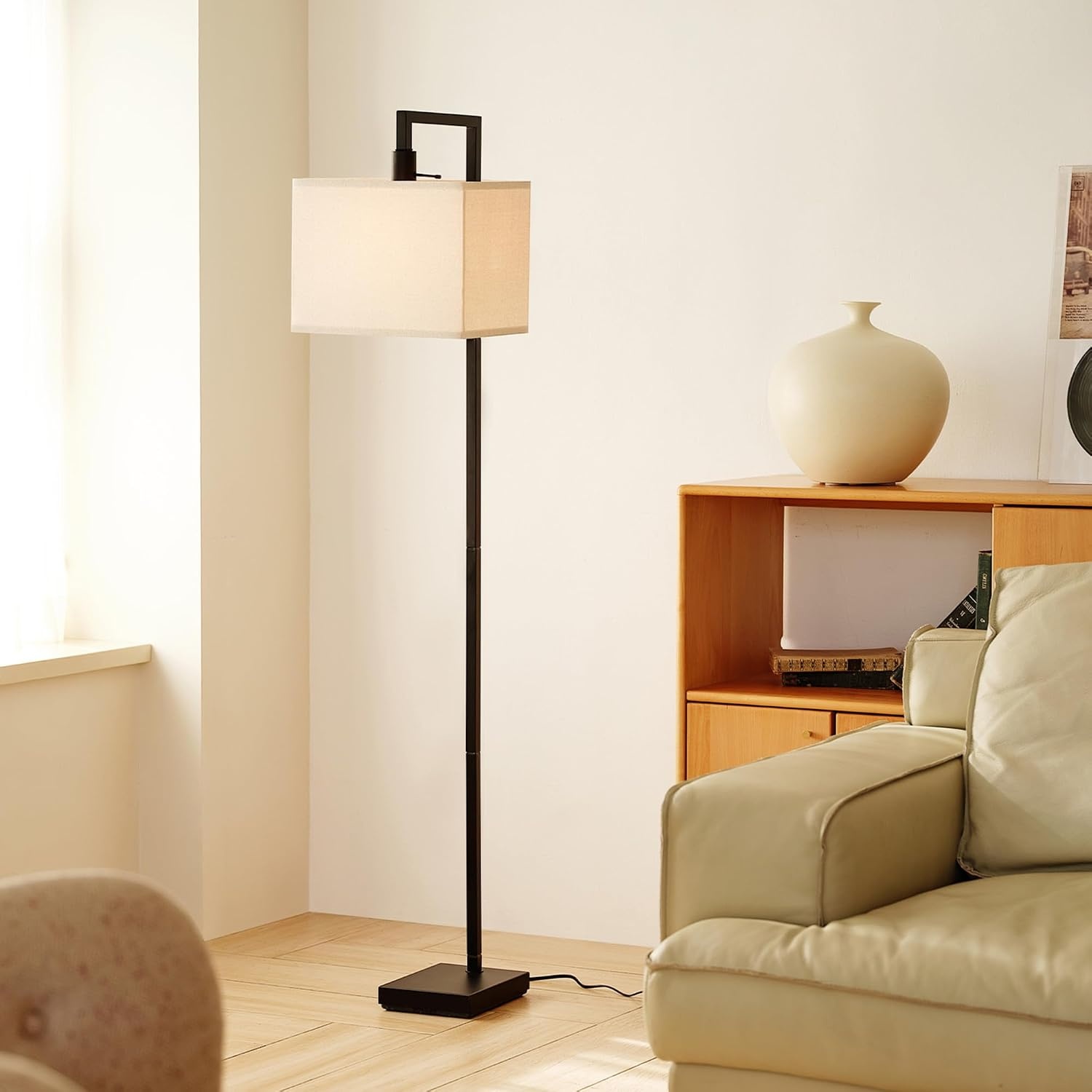 image:imageGlobe Electric 61000150 60 Floor Lamp Antique Brass Finish Beige Fabric Shade MidCentury Modern Standing Lamp E26 Base Sustainable Design for Living Rooms and BedroomsMatte Black Metalic