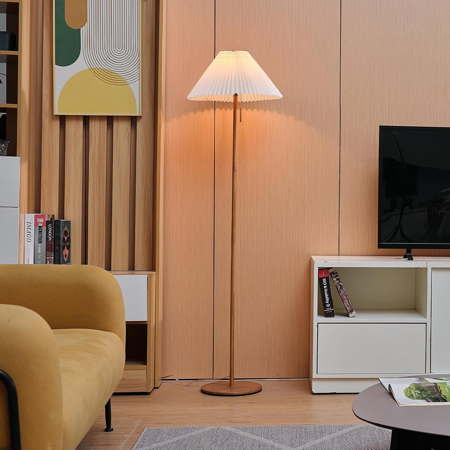 image:imageGlobe Electric 61000150 60 Floor Lamp Antique Brass Finish Beige Fabric Shade MidCentury Modern Standing Lamp E26 Base Sustainable Design for Living Rooms and BedroomsWood Toned Oren