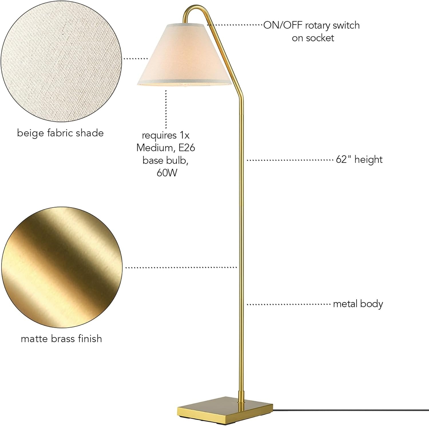 image:imageGlobe Electric 61000150 60 Floor Lamp Antique Brass Finish Beige Fabric Shade MidCentury Modern Standing Lamp E26 Base Sustainable Design for Living Rooms and BedroomsMatte Brass OffWhite Fabric Shade