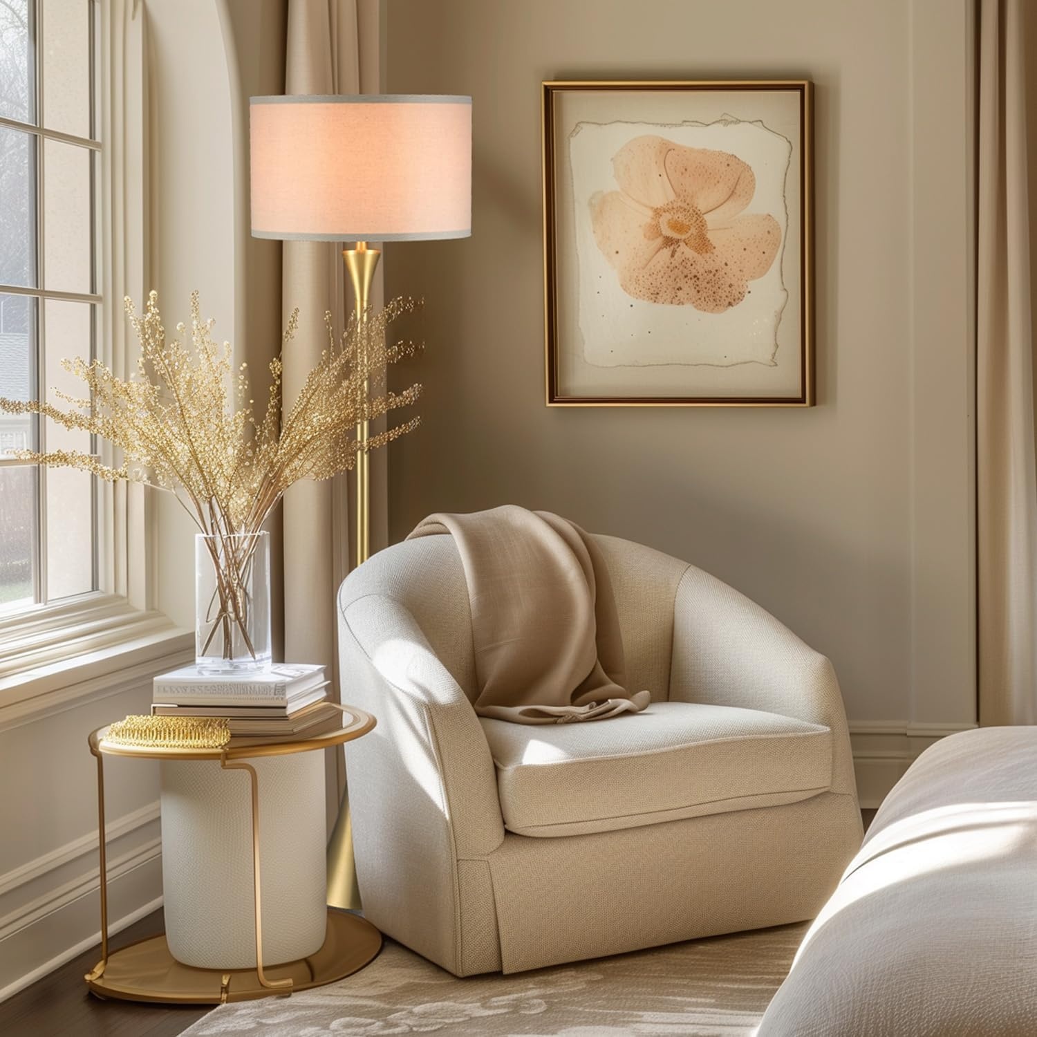 image:imageGlobe Electric 61000150 60 Floor Lamp Antique Brass Finish Beige Fabric Shade MidCentury Modern Standing Lamp E26 Base Sustainable Design for Living Rooms and BedroomsAntique Brass Maclaine