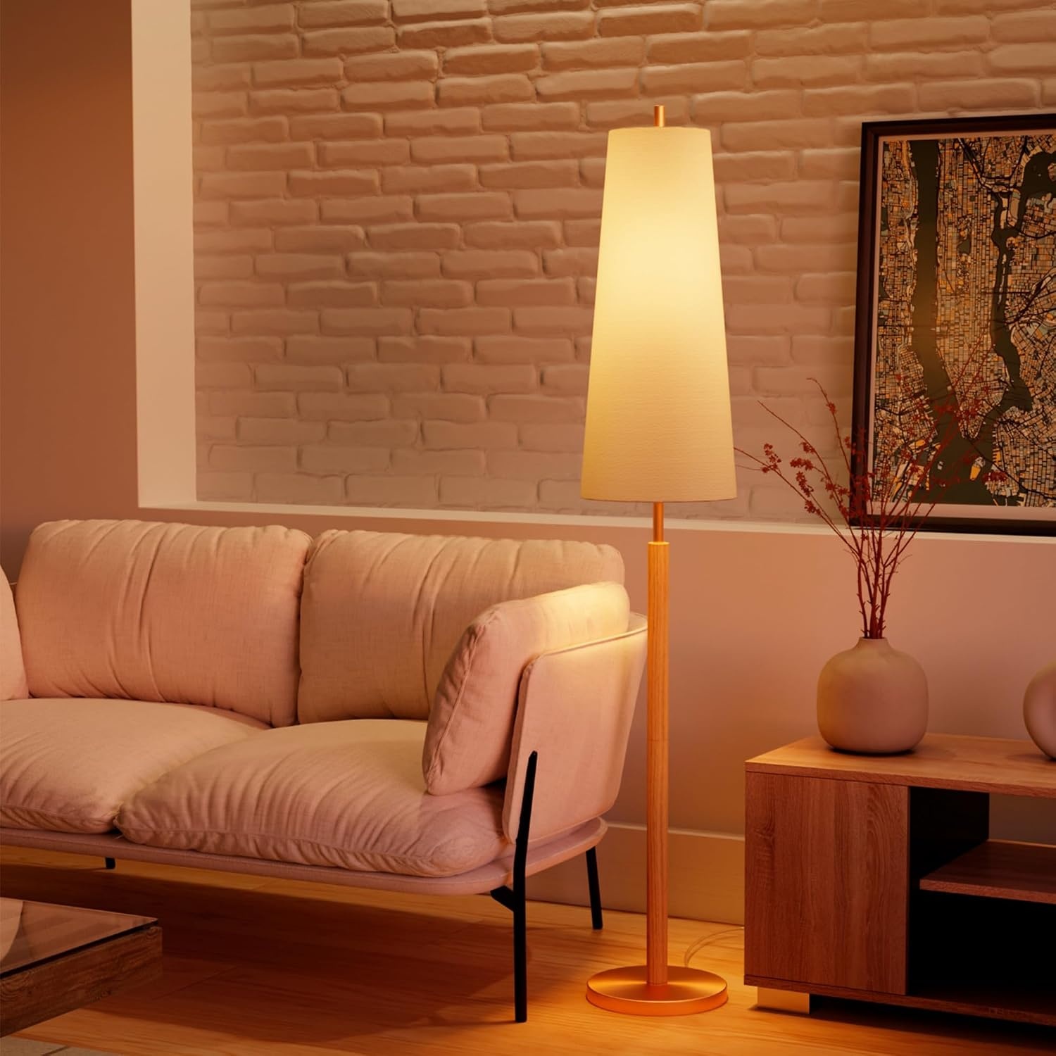image:imageGlobe Electric 61000150 60 Floor Lamp Antique Brass Finish Beige Fabric Shade MidCentury Modern Standing Lamp E26 Base Sustainable Design for Living Rooms and BedroomsMatte Brass Genevieve