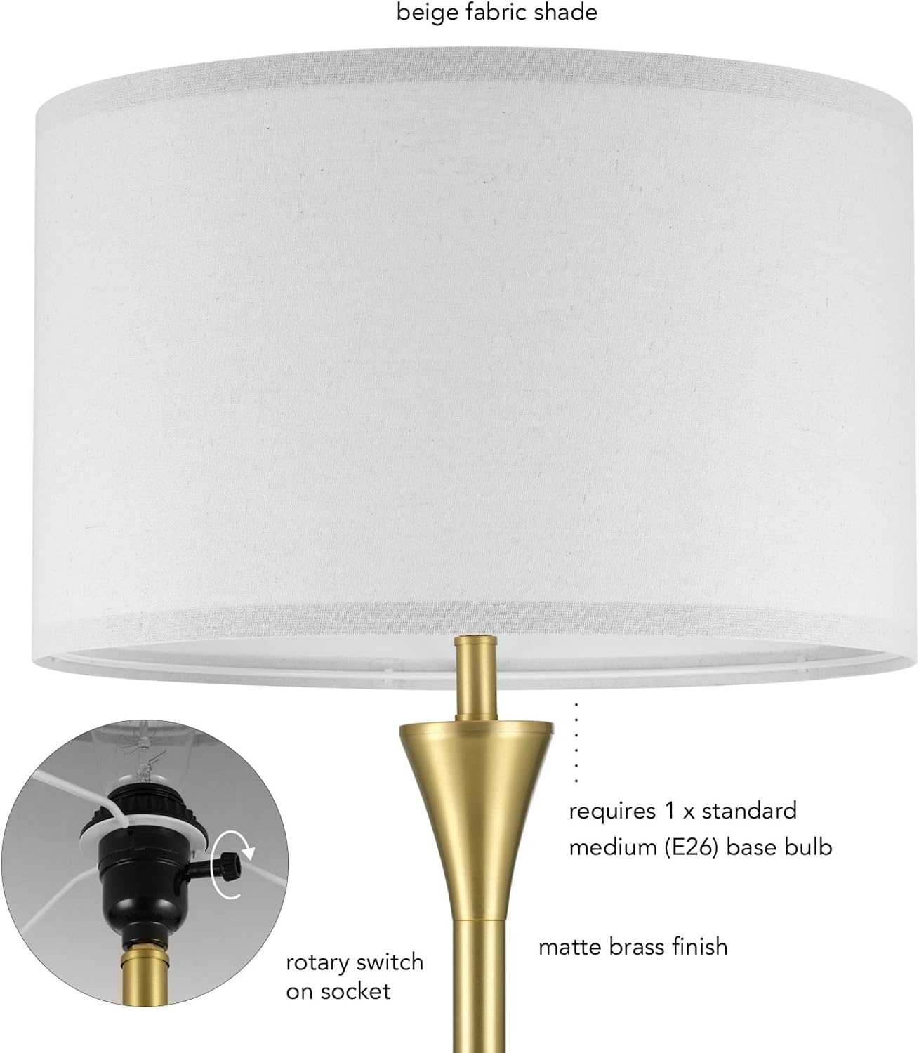 image:imageGlobe Electric 61000150 60 Floor Lamp Antique Brass Finish Beige Fabric Shade MidCentury Modern Standing Lamp E26 Base Sustainable Design for Living Rooms and BedroomsAntique Brass Maclaine