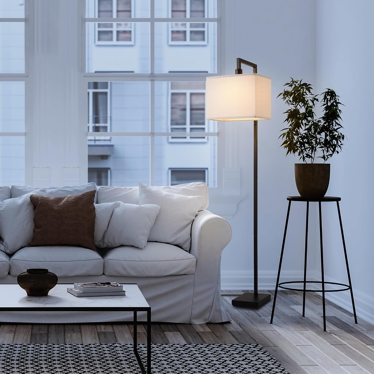 image:imageGlobe Electric 61000150 60 Floor Lamp Antique Brass Finish Beige Fabric Shade MidCentury Modern Standing Lamp E26 Base Sustainable Design for Living Rooms and BedroomsMatte Black Metalic