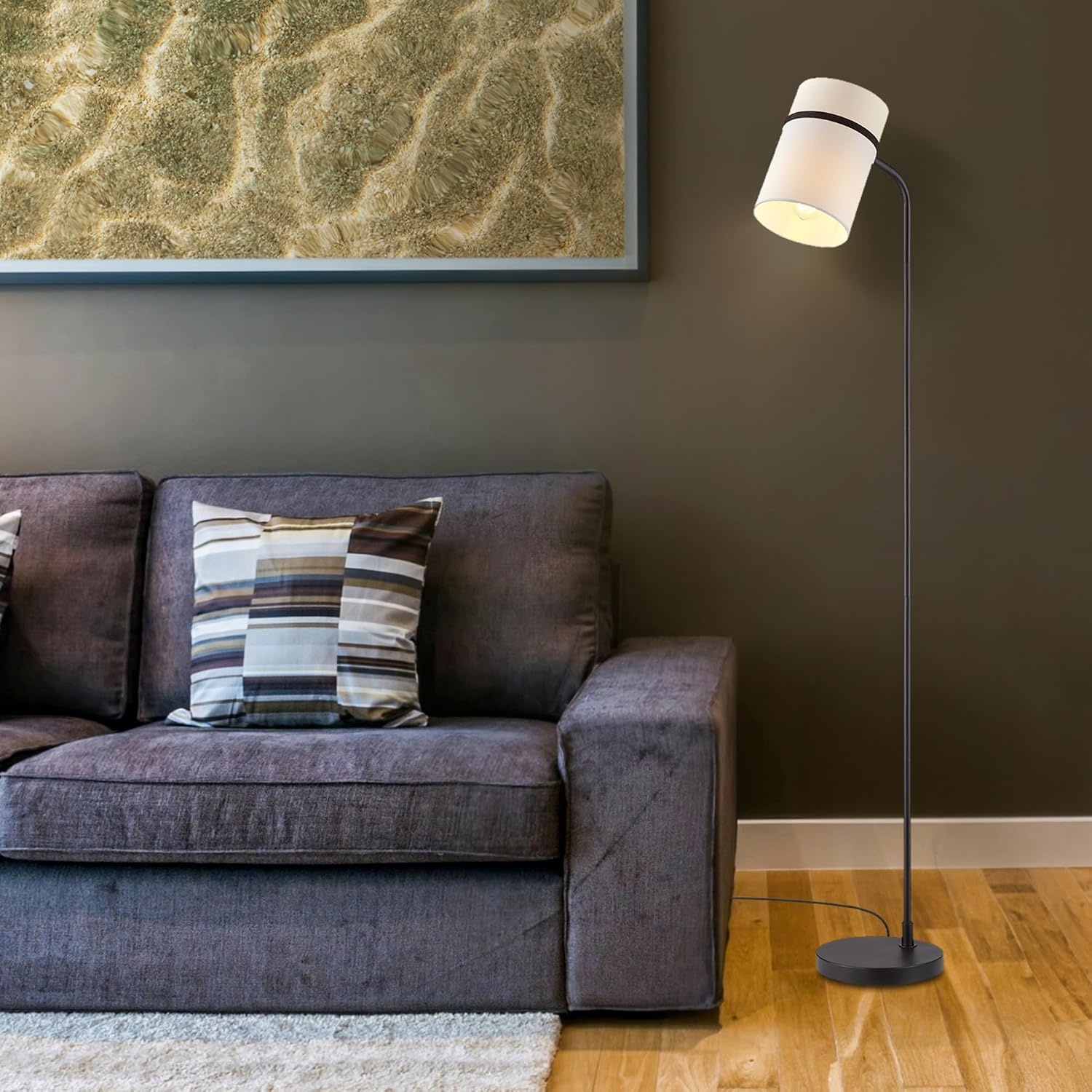 image:imageGlobe Electric 61000150 60 Floor Lamp Antique Brass Finish Beige Fabric Shade MidCentury Modern Standing Lamp E26 Base Sustainable Design for Living Rooms and BedroomsMatte Black White Fabric Shade